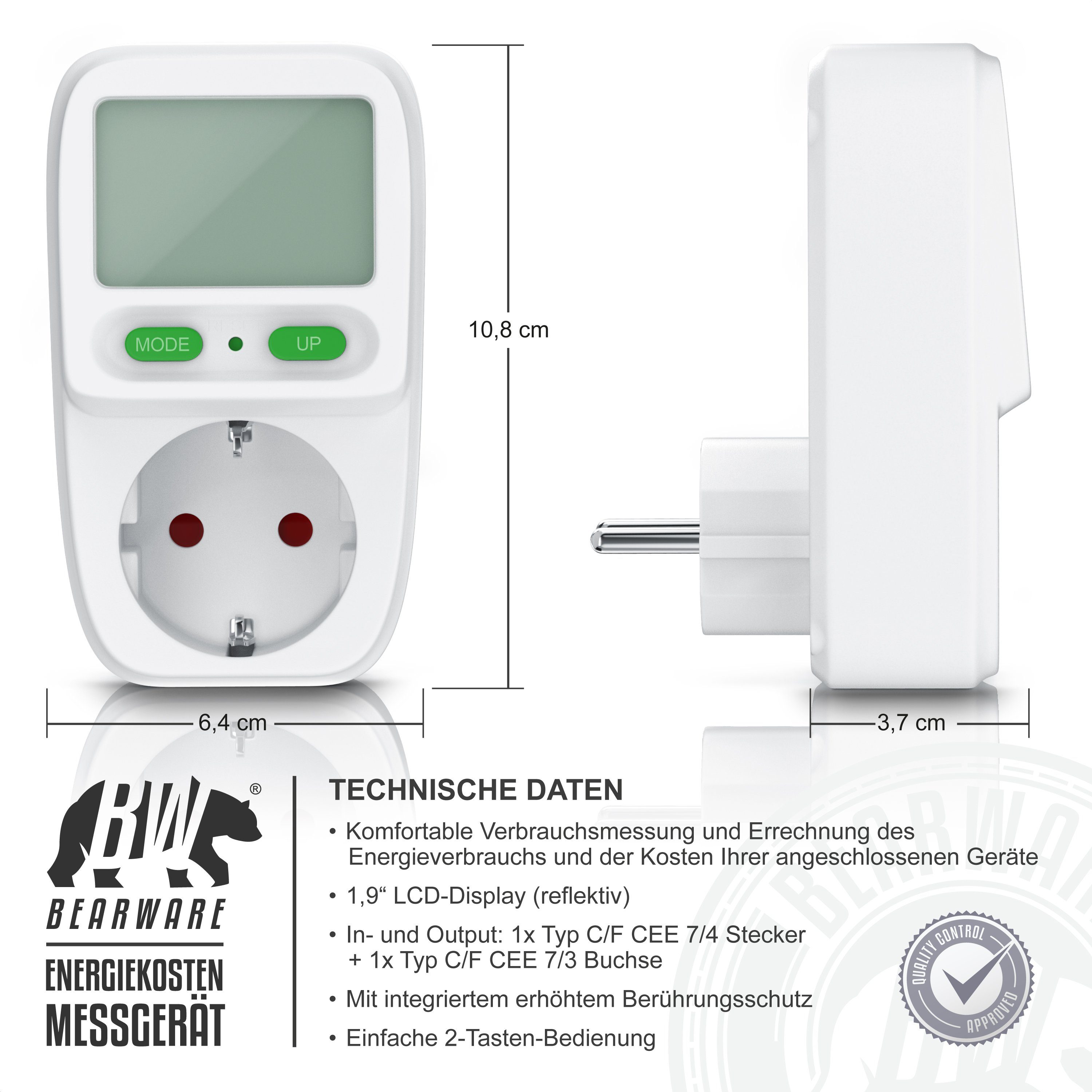 Stromkostenmessgerät, Kinderschutzsicherung Energiekostenmessgerät, BEARWARE mit Stromverbrauchsmesser