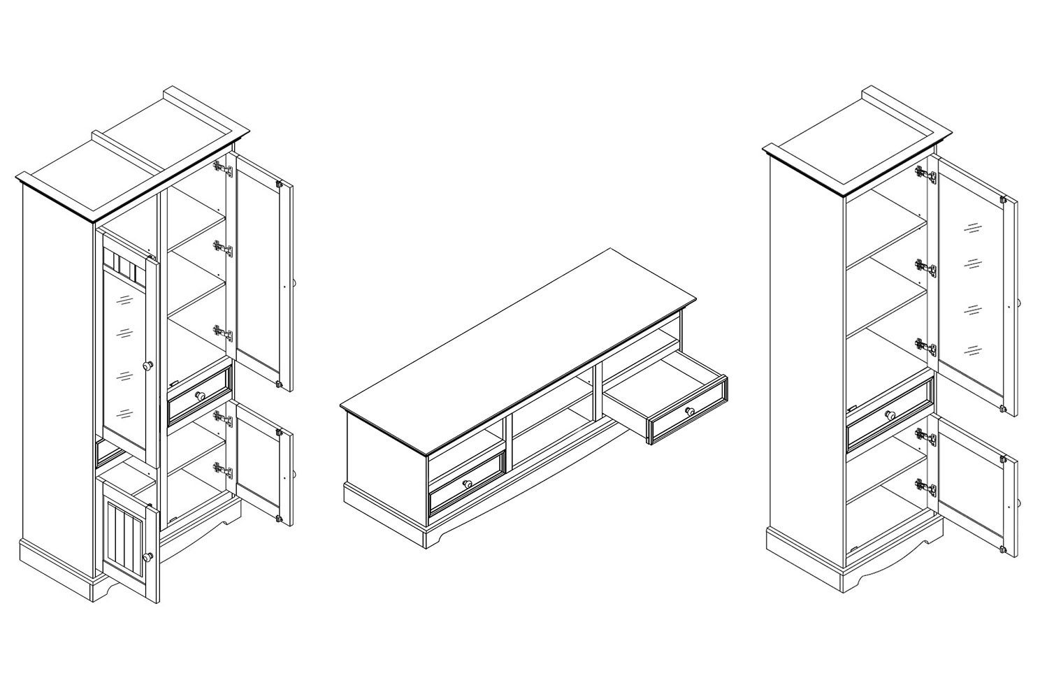 Feldmann-Wohnen Wohnwand Belluno Elegante, (mit Schubladen, mit Türen, mit Glaseinsatz, 5-St., moderne Optik, 5-teiliges Wohnzimmer-Set), 5-teilig Massivholz gebeizt / Kiefer weiß (RAL9010) lackiert