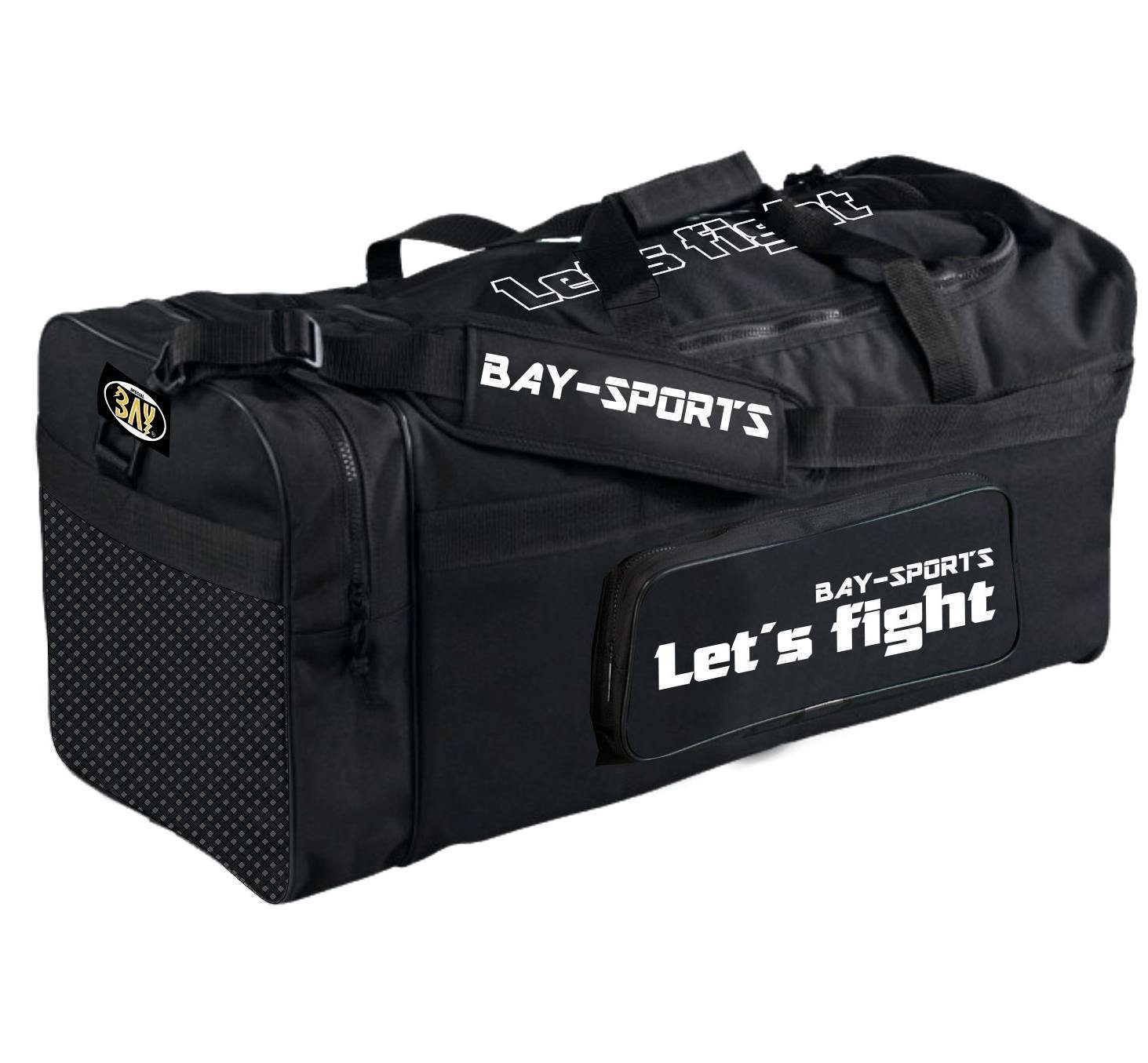 BAY-Sports Sporttasche Let´s Fight Trainingstasche Sport groß 80cm Kampfsport Kickboxen MMA (Nylon wasserabweisend, Gold Emblem), 100 Liter, Edles Präge Logo Embossed, XXL, Muay Thai, Fighting Wear