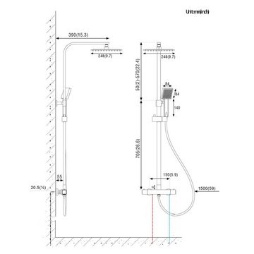 AuraLum pro Duschsystem Schwarz Thermostat Duschsäule-Set,höhenverstellb, Höhe 120 cm, 2 Strahlart(en), Überkopfbrauseset mit 24.8cm Durchmesser