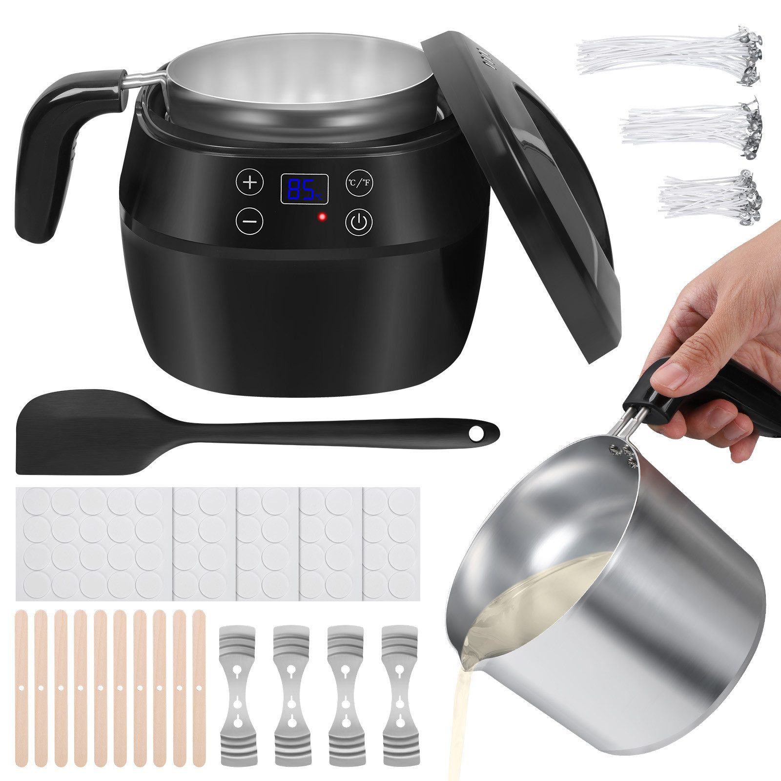 QUBEBU Duftkerze 1L Elektrischer Wachswärmer Kerzenherstellung Kit DIY Candle Making (1x 1-Liter-Wachsschmelzer, 100x Kerzendocht, 100x Dochtaufkleber, 14x Dochtzentrierer, 1x Rührlöffel,1x Netzkabel), Kapazität 1000ml, Leistung 100–300W, Maximale Temperatur 120 °C/248 °F