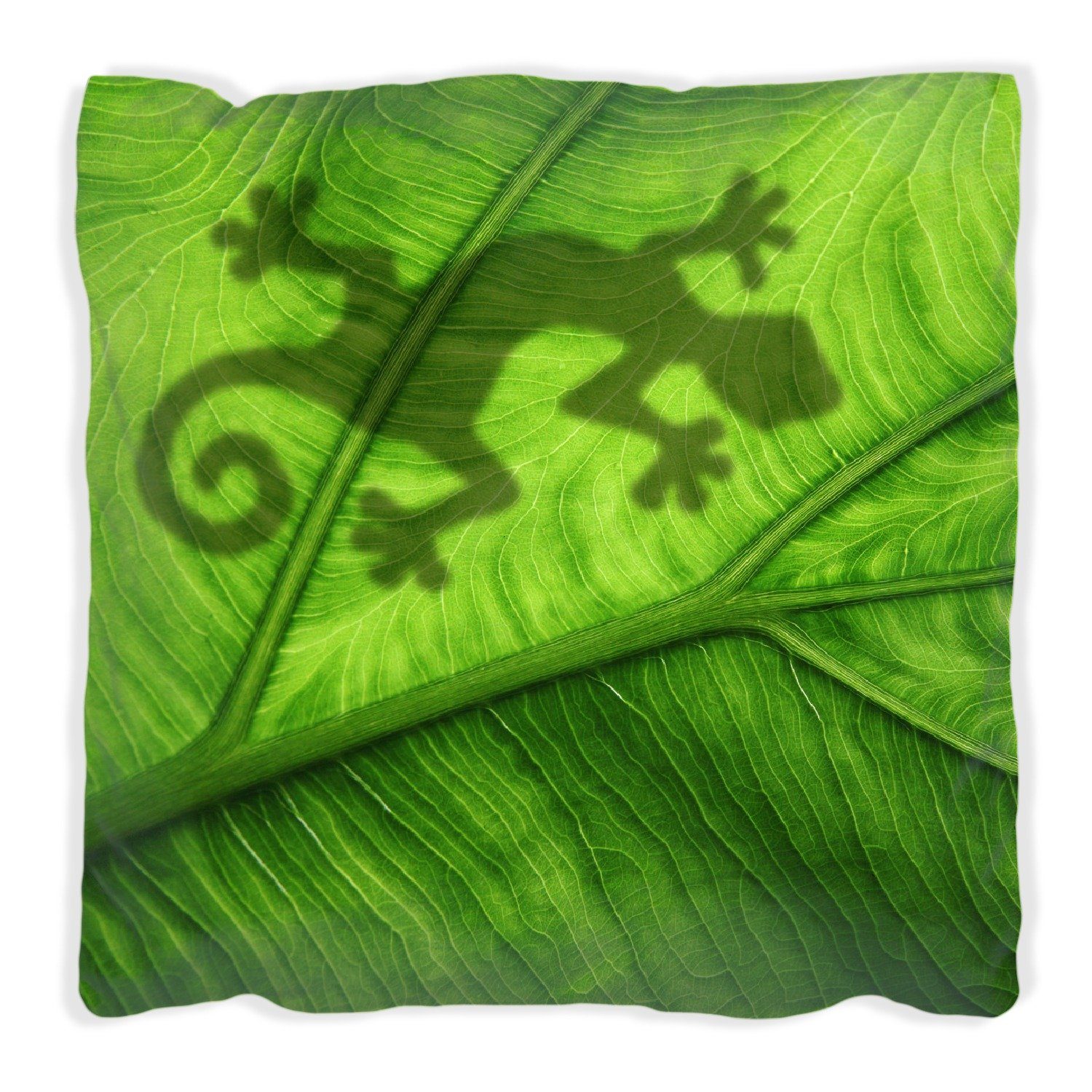 Schatten handgenäht Dekokissen grünem - Blatt auf Umriss, Wallario Gecko