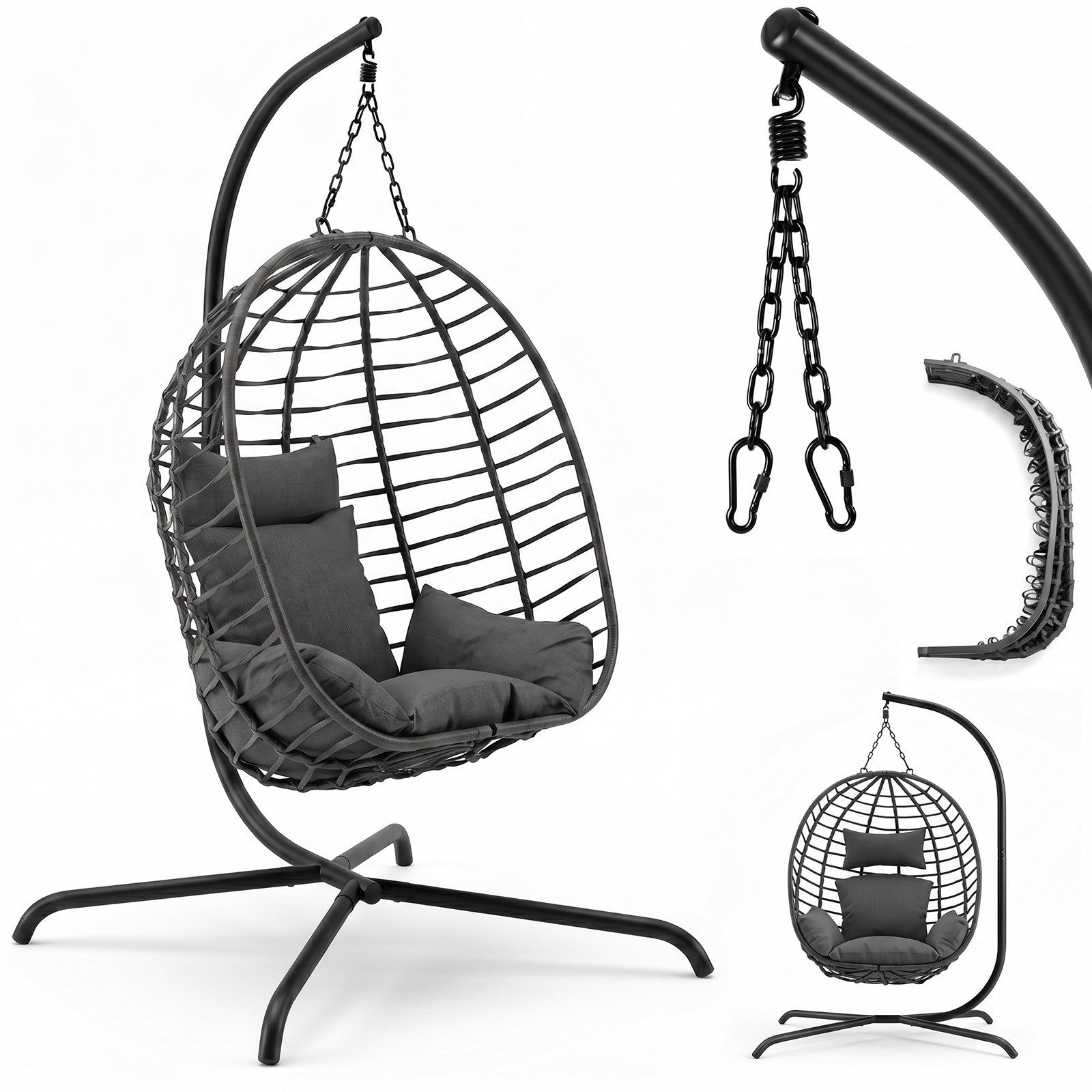 Sekey Hängesessel mit Gestell Hängekorb Sessel Rattan klappbarer Hängestuhl als Schaukel, Outdoor und Indoor Garten, Balkon bis 150 kg belastbar mit Kissen