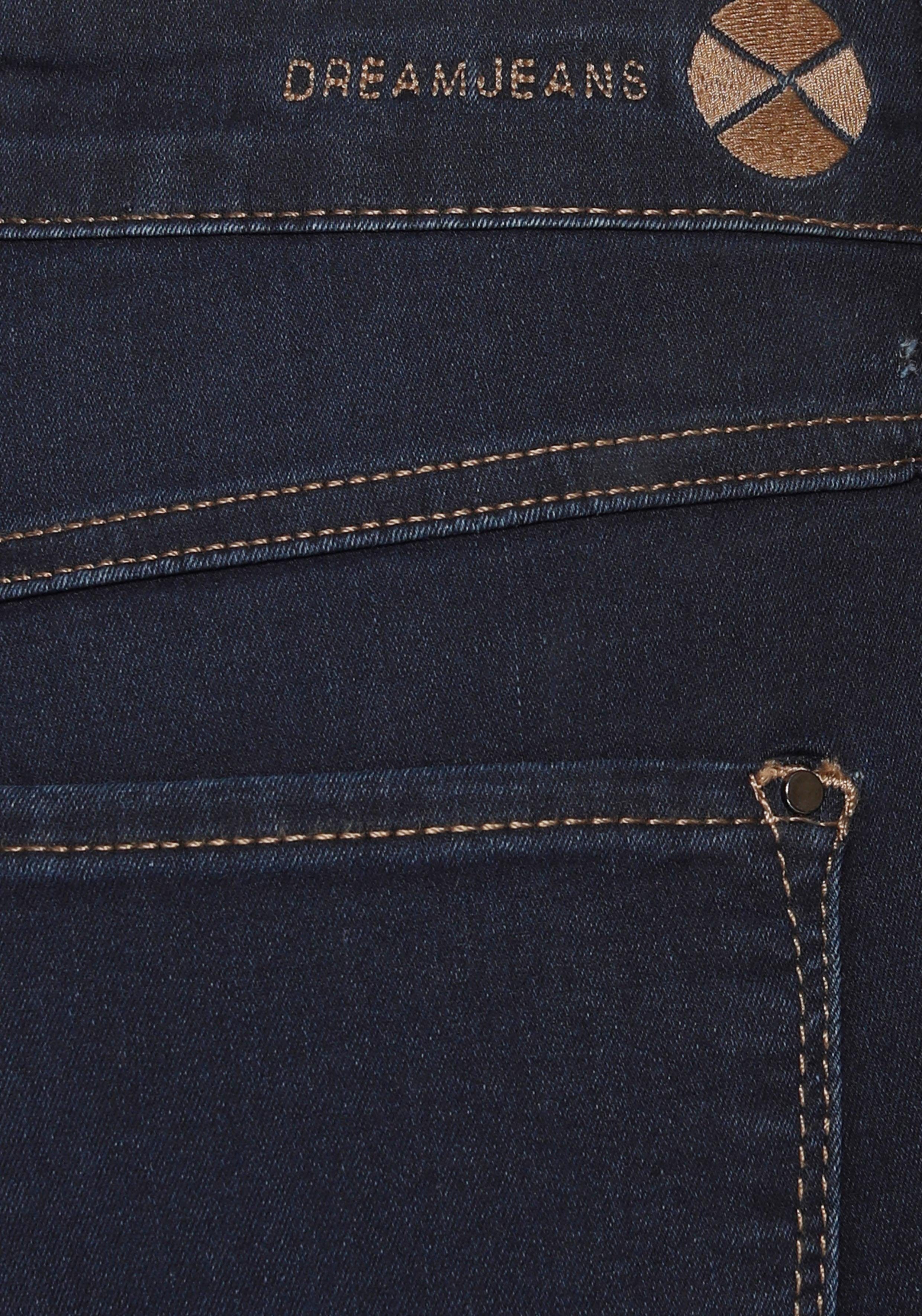 Sitz Skinny-fit-Jeans dark Qualität Dream MAC wash sorgt den für blue Hochelastische perfekten Skinny