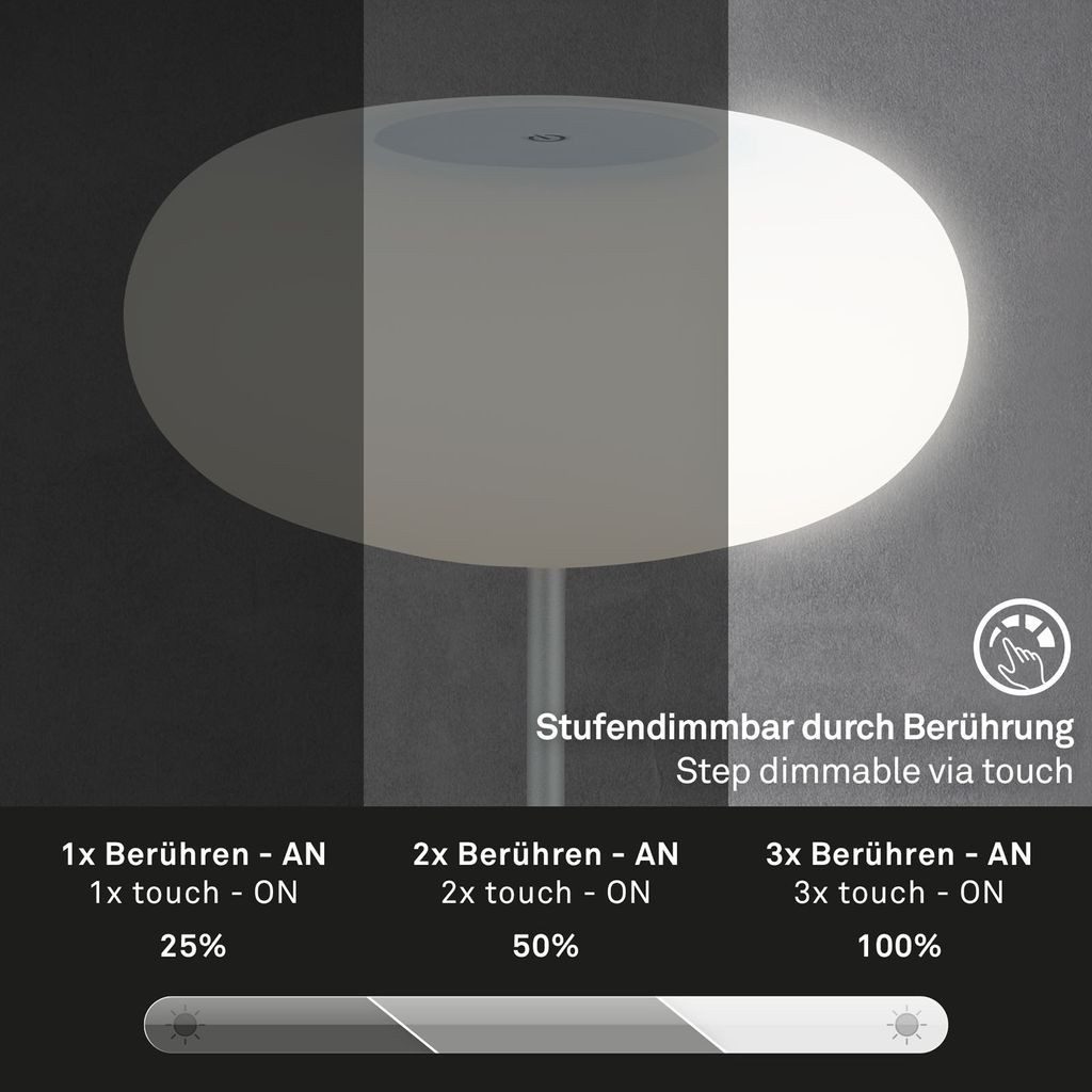 Briloner Leuchten Tischleuchte Tischlampe Touch Akku dimmbar Glas Schlafzimmer 7440014, Dimmfunktion, LED fest integriert, 2700K - Extra-Warmweiß, Tischlampe kabellos, 30x12,5cm, Chrom-Matt, 3W, Schlafzimmer, Flur
