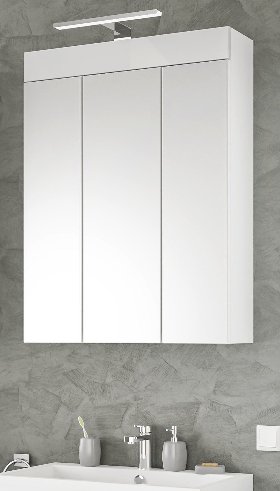 xonox.home Badezimmerspiegelschrank Snow (Spiegelschrank inklusive 3-türig, Steckdose cm, weiß und LED-Beleuchtung 60x79 Hochglanz)