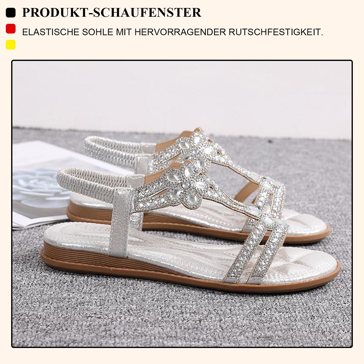 MAGICSHE Modisch Sandalen, flache Silber Strass- Hohle Bohemia Riemchensandale Bequem,