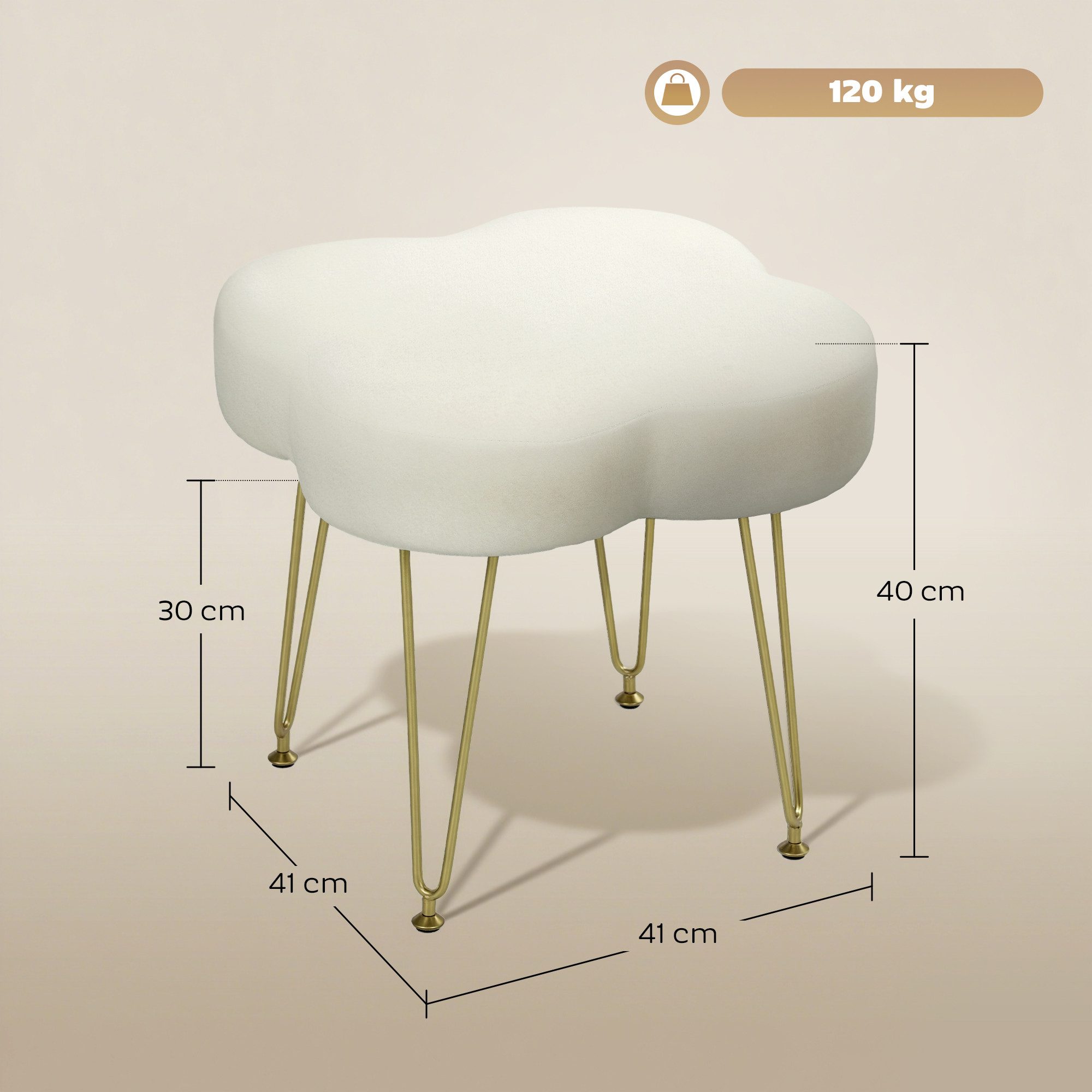 HOMCOM Fußhocker Sitzhocker in Kleeblattform mit Stahlbeinen (Polsterhocker mit Samtoptik, 1 St., Hocker), für Schlafzimmer, Wohnzimmer, Cremeweiß