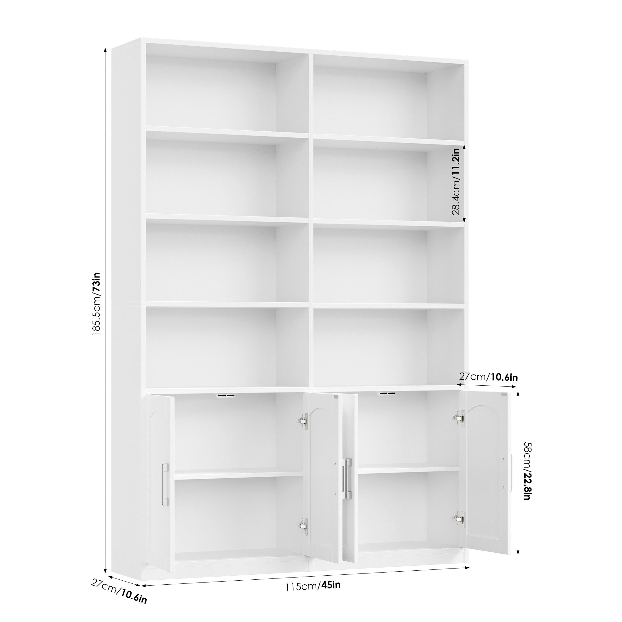 Homfa Bücherregal Standregal Büroregal Bücherschrank, mit 8 offenen Fächern und 4 Türen, Holz, 115x27x185,5 cm