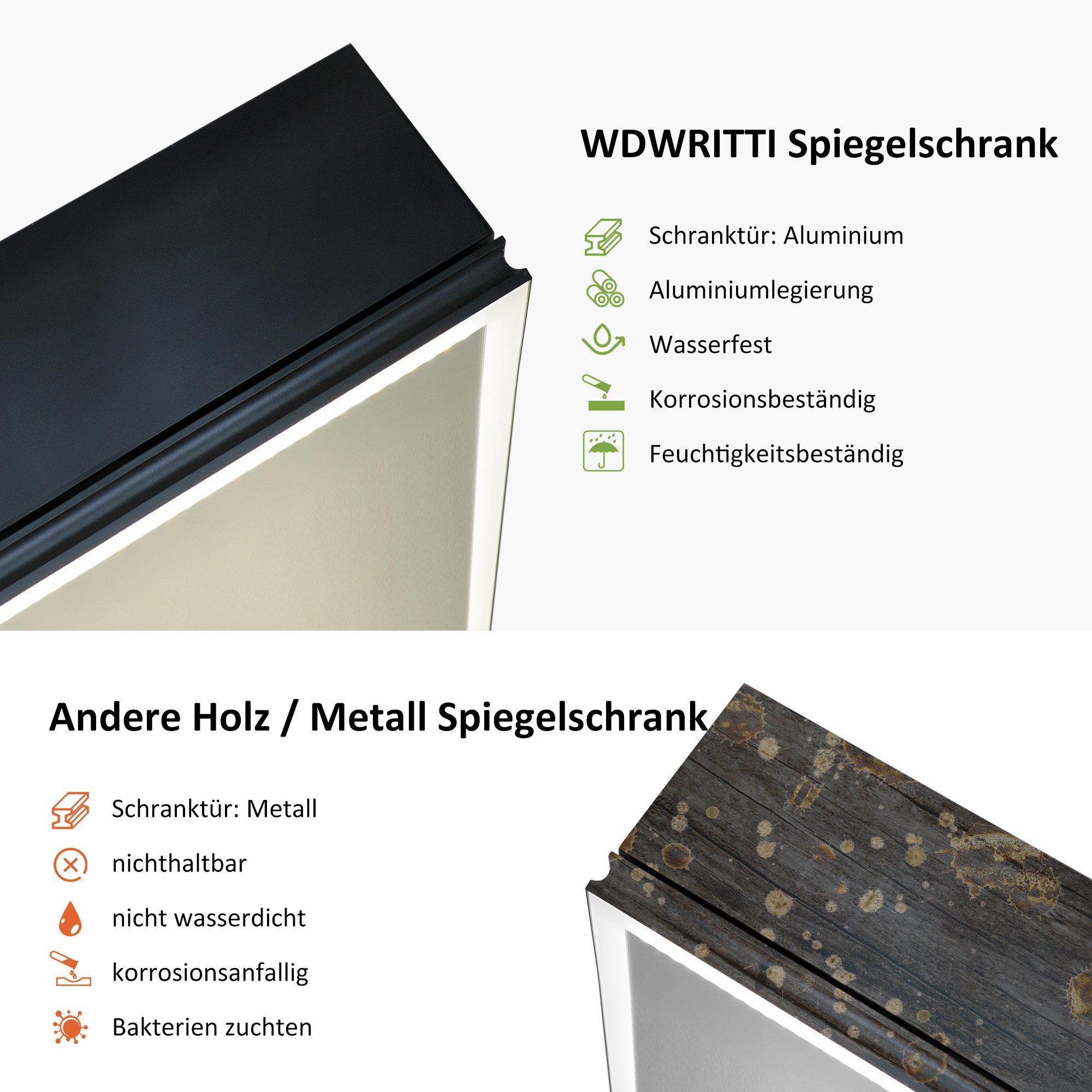 WDWRITTI Spiegelschrank Aluminum Badezimmerspiegelschrank 80cm breit mit LE günstig online kaufen