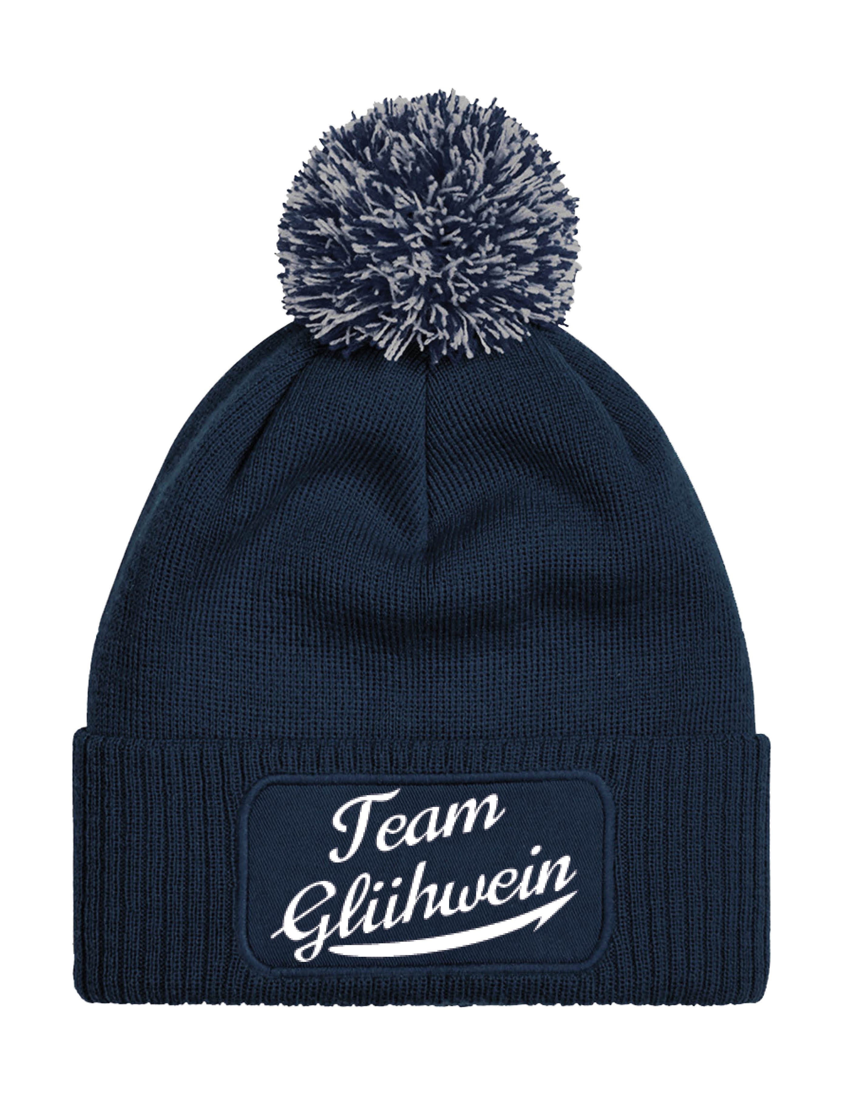 Beanie Unisex Strick Bommel Beanie Mütze mit Team Glühwein Aufdruck