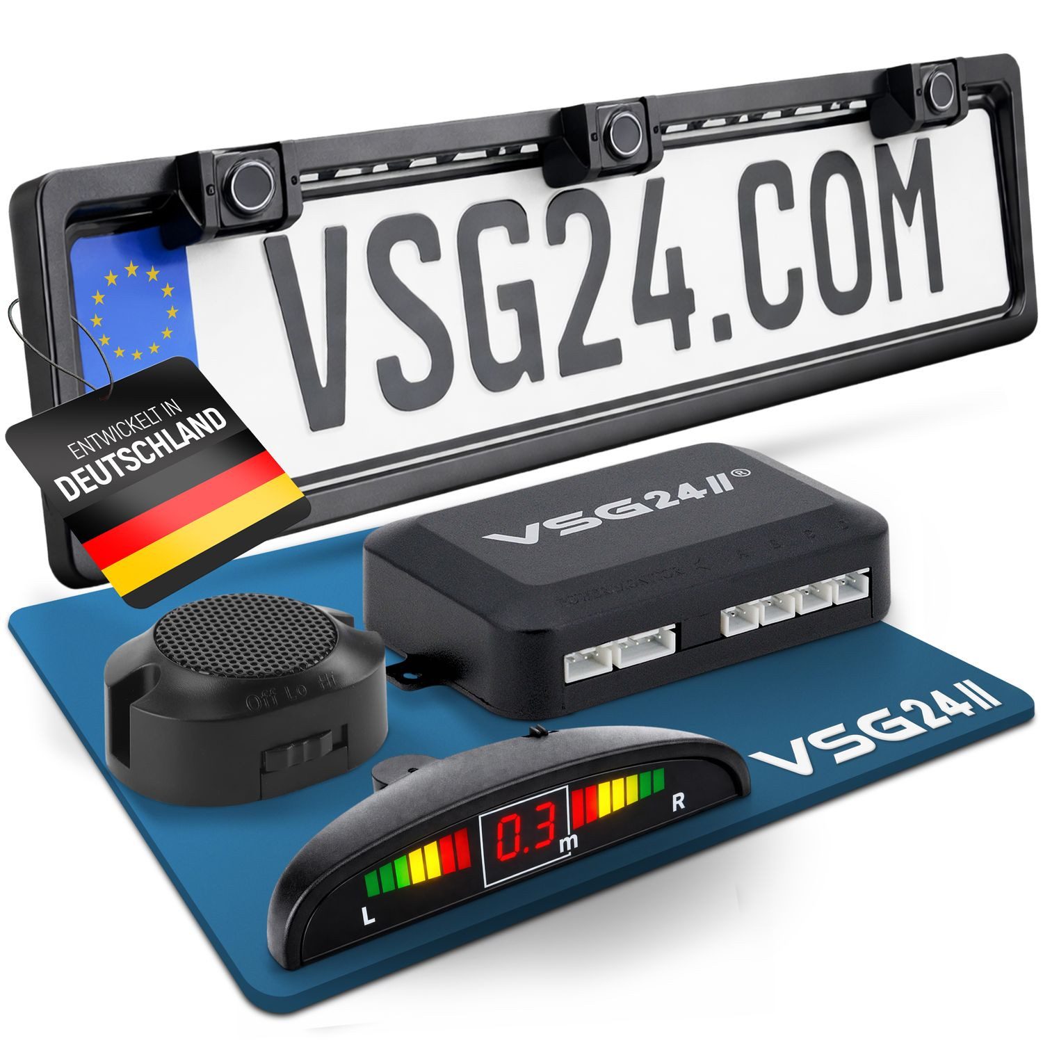 VSG24 Akustische Premium Einparkhilfe ECHO PLUS Parkhilfe zum nachrüsten PDC Rückfahrkamera (Rückfahrwarner mit Lautsprecher & 4 Sensoren Stecksystem Nachrüstsatz)