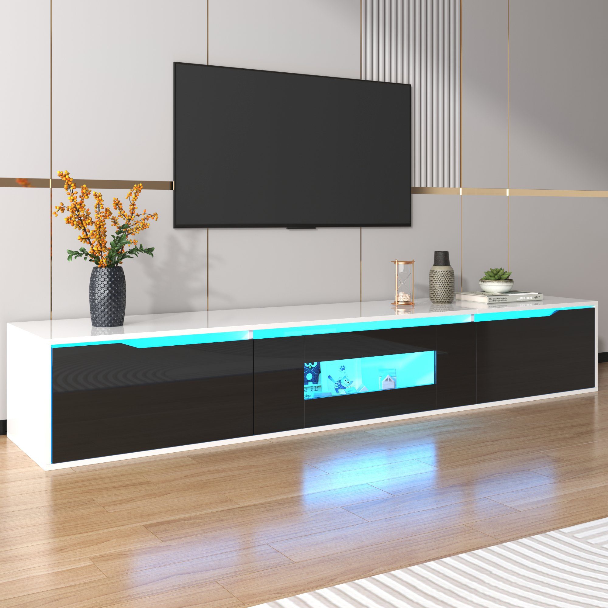 Merax Lowboard mit LED und Klapptüren, freistehend/hängend, TV-Schrank hochglanz, TV-Board Scandi, Breite:180cm