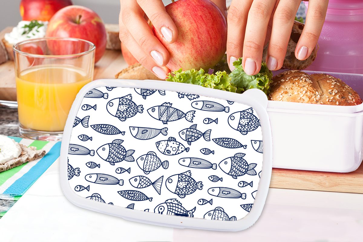 MuchoWow Brotbox Fisch Lunchbox Kinder und für Kunststoff, und Skandinavien Mädchen Muster, Brotdose, für (2-tlg), weiß - Jungs Erwachsene, -