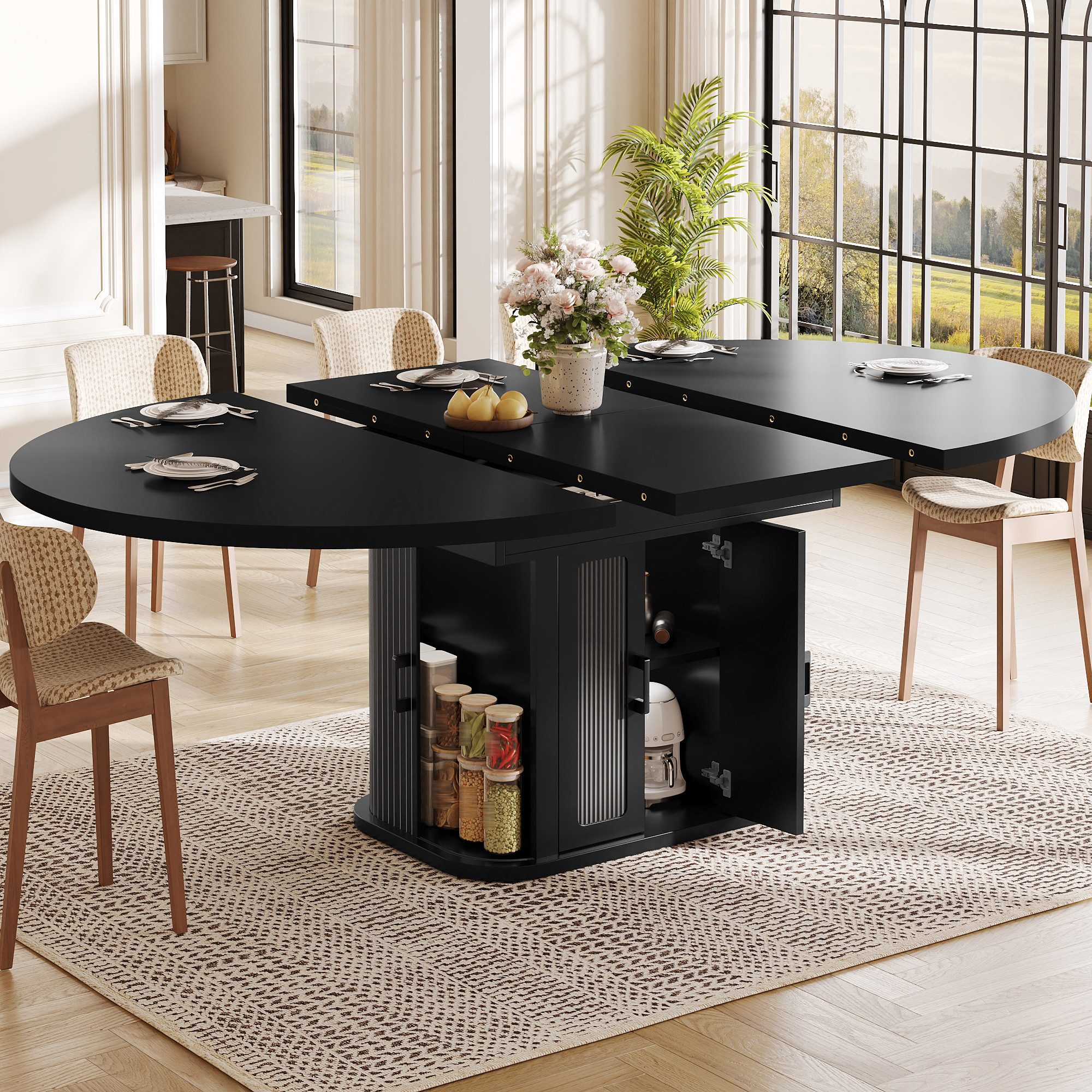 i@home Esstisch Ausziehbarer ovaler Esstisch (118-158×118×76cm), Küchentisch, schwarz, Teleskoptisch,Esszimmertisch für 2–6 Personen,mit versteckten Stauraum