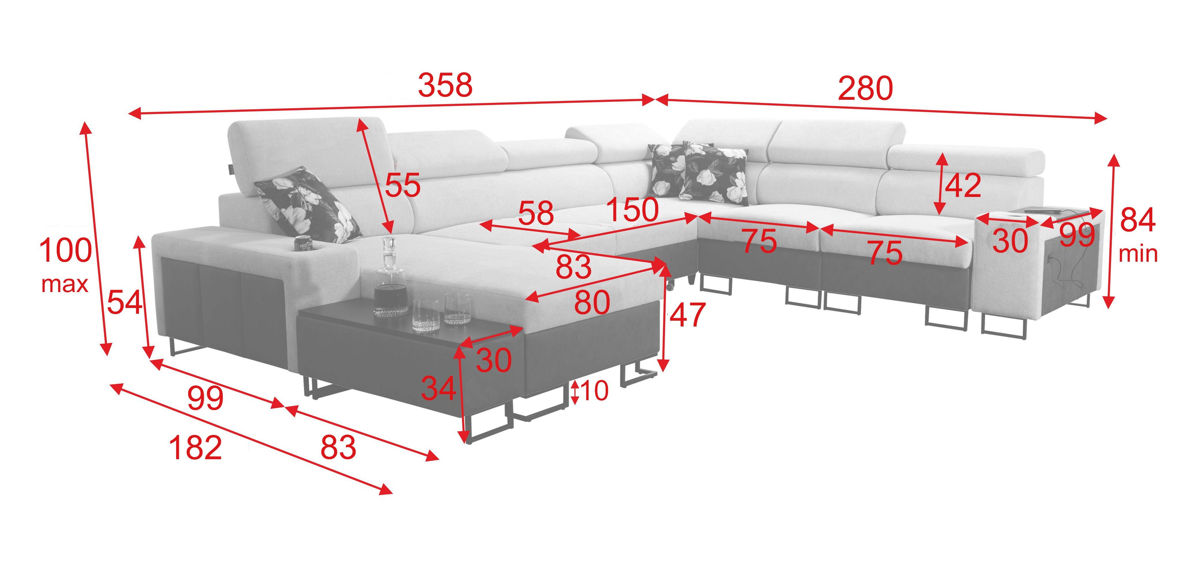 Möbel für Dich Wohnlandschaft XXL Melody VIII in U Form, mit Ablagen, Becherhalter, USB-Ladebüchse, Beistelltisch, 3 Bettkästen