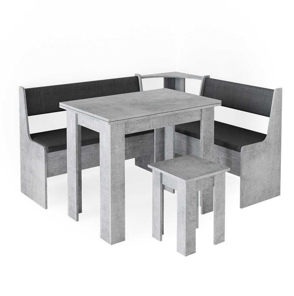 Vicco Sitzgruppe Roman, Beton/Anthrazit, 150 x 120 cm mit Tisch, (Set, 5-tlg., 5-er Set), Ausziehbarer Tisch, mit Polsterung, Stauraum in den Sitzbänken