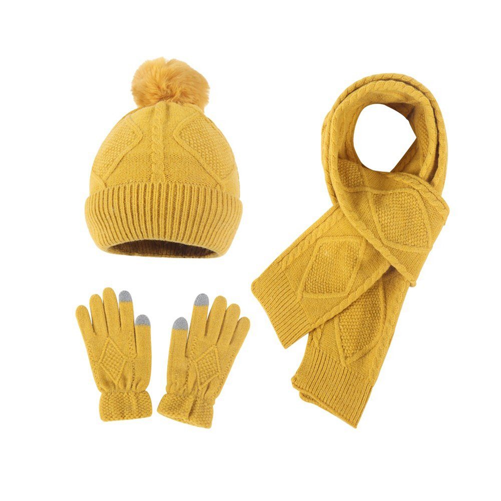 LYDMN Strickhandschuhe Handschuh, Schal und Mütze 3-teiliges Set,Winterliche Wärme Wintermütze Thermohandschuhe Schal gelb