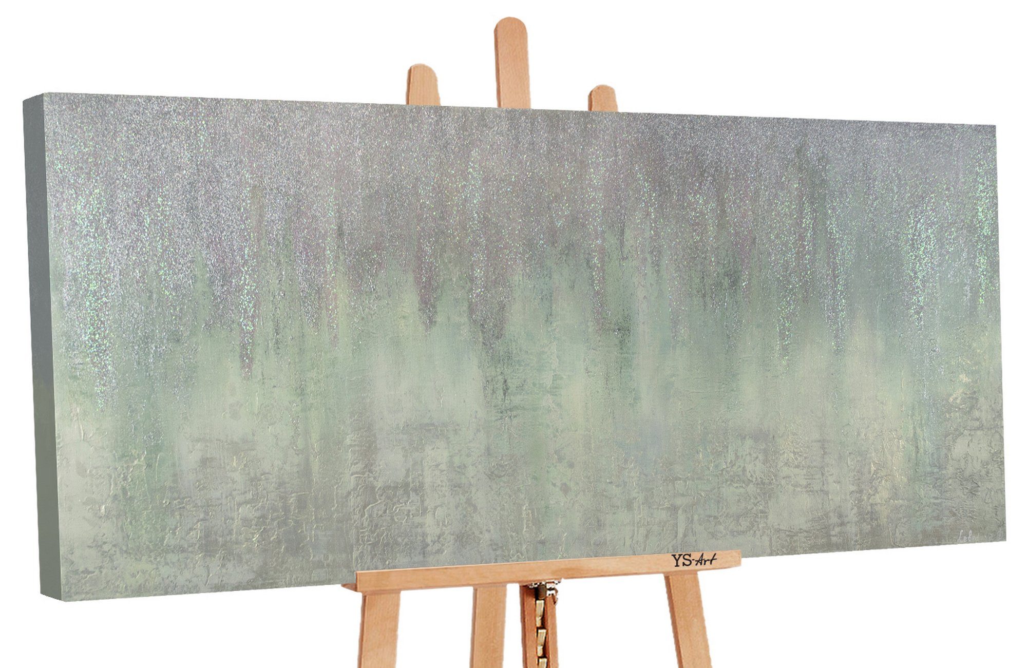 YS-Art Картина Frost, Abstrakt, Abstraktes Leinwand Bild Handgemalt Grün Silber Glittzer Glitter
