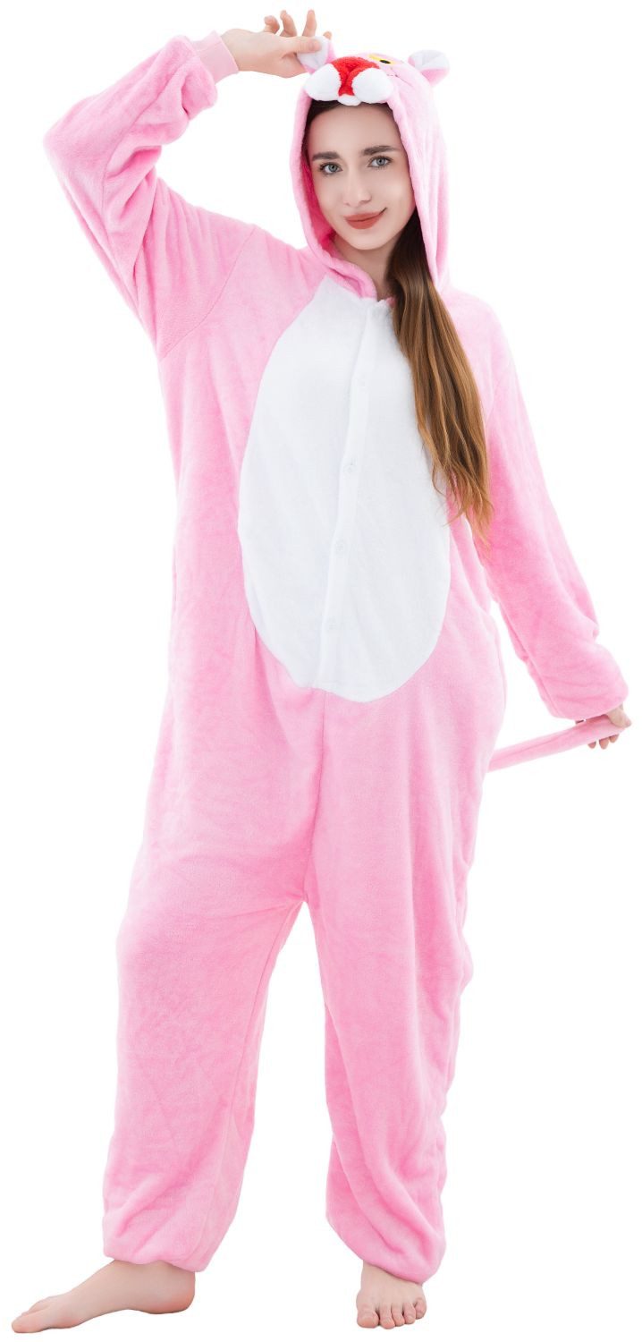 Corimori Partyanzug Onesie Ganzkörper Kostüm für Erwachsene, Pink Panther-Kostüm Damen Herren Karneval Tier-Kostüme Rosa Panther,L