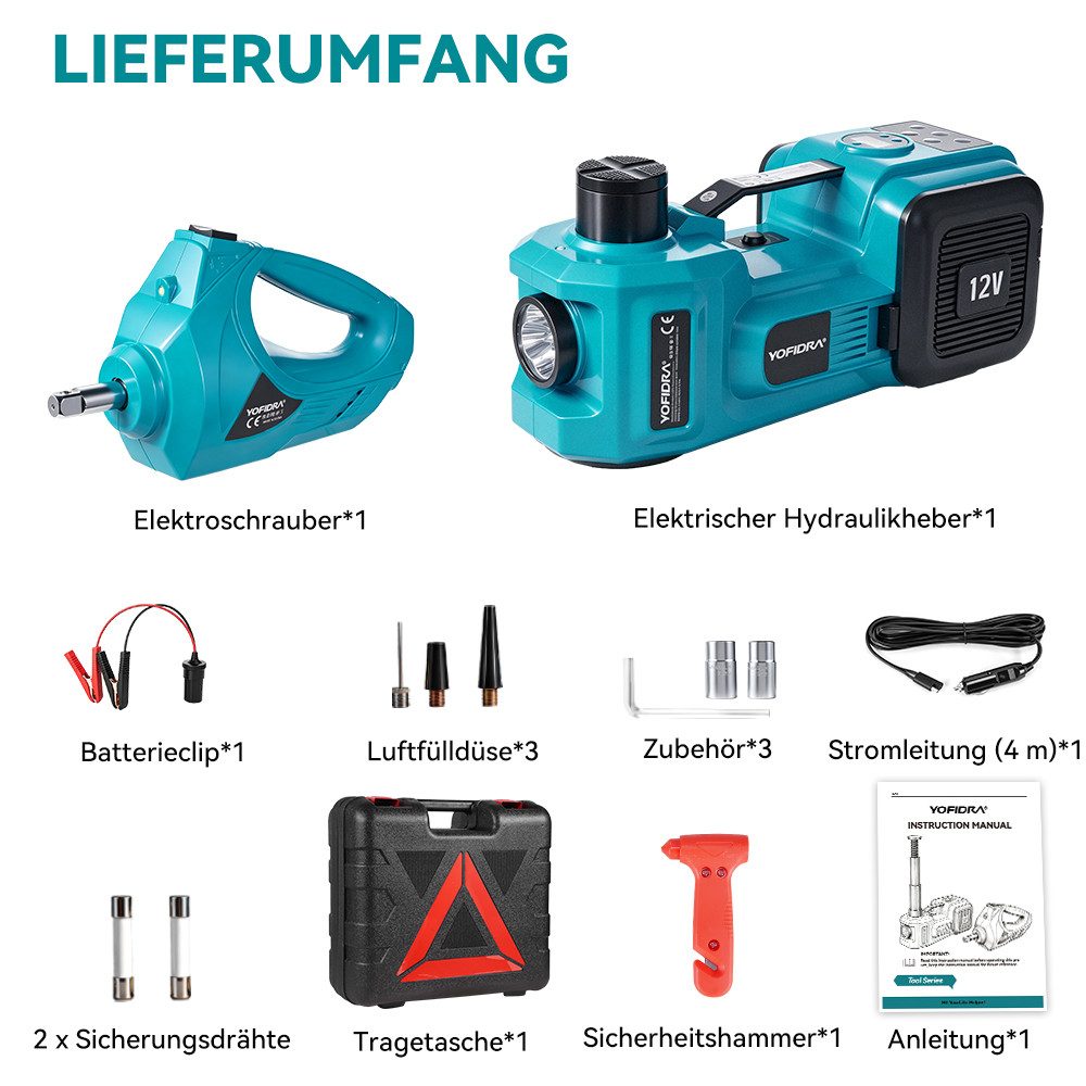 Yofidra Wagenheber 3-in-1 Elektrischer Wagenheber 5T mit Schlagschrauber & Luftpumpe, max. Hubhöhe: 53 cm, 1-tlg., Notfall-Set mit Koffer, LED-Licht für PKW, SU – Bild 3 von 5
