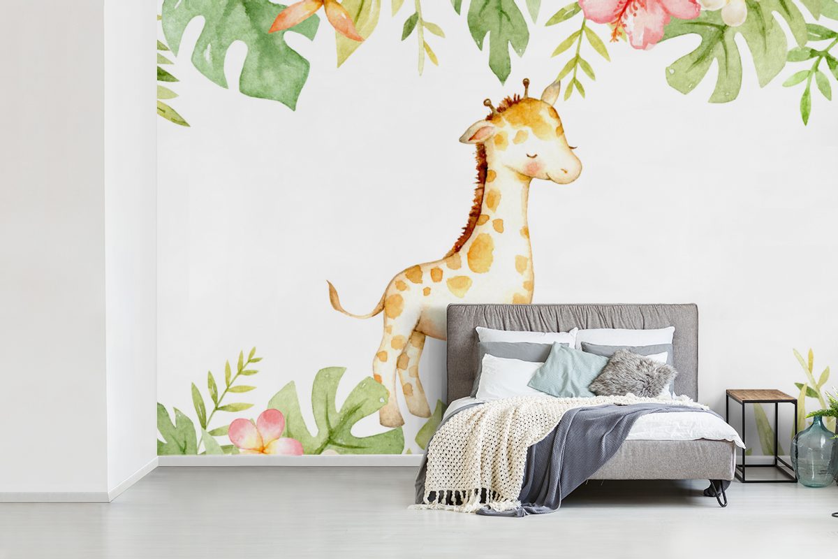Wallpaper MuchoWow Giraffe Matt, Kinderzimmer, - Blumen Dschungel Wohnzimmer, - Schlafzimmer, (6 - St), Aquarell, Vinyl Tapete Fototapete für bedruckt,
