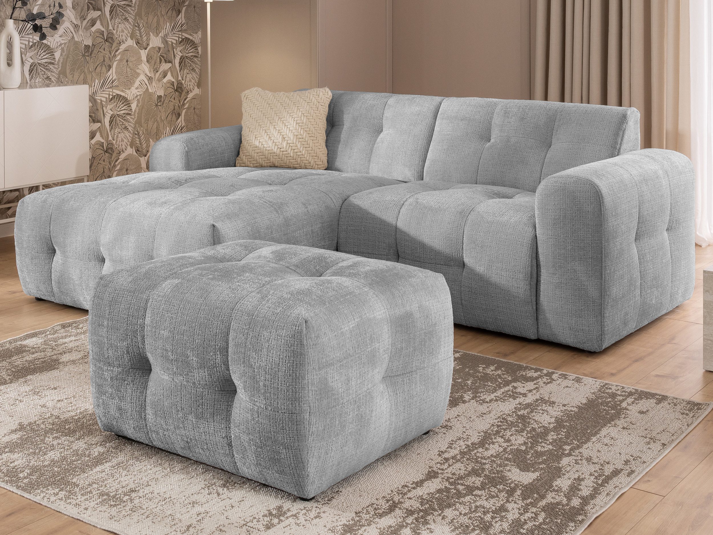 S-Style Möbel Ecksofa und Hocker Kozy Bumpy Design mit Schlaffunktion & fester Rückenlehne, aus weichem Chenille-Stoff, mit Wellenfederung