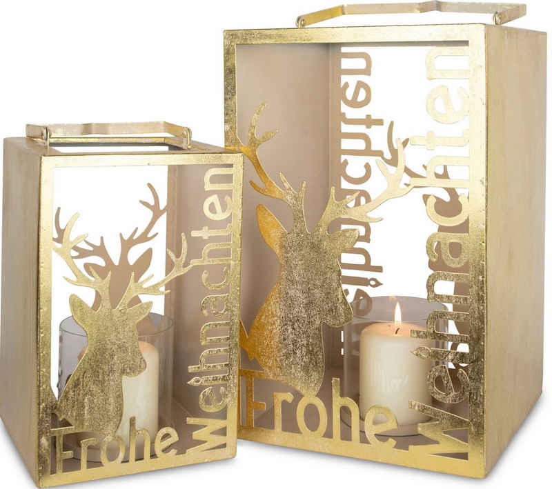 my home Kerzenlaterne Delilah mit Hirschmotiv und Schriftzug "Frohe Weihnachten" (Set, 2 St., 1x Höhe ca. 26,5 cm und 1x Höhe ca. 37 cm), Laterne, Kerzenhalter, Weihnachtsdeko