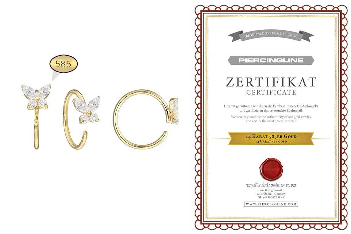 PIERCINGLINE Fingerring 14 Karat Gold Nasenring MOISSANIT-SCHMETTERLING - biegbar (Ringe, 1-tlg)