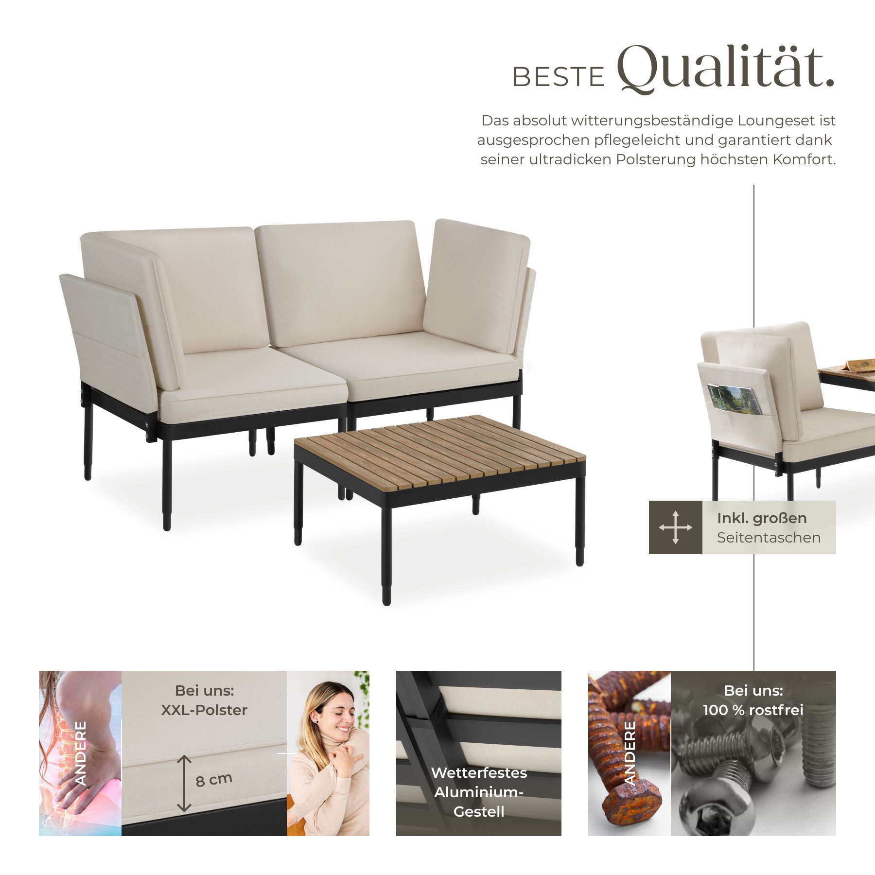 tectake Gartenlounge-Set Aluminium Gartenlounge-Set, (Set., 3-tlg), Kompakter Couchtisch mit Lamellen in natürlichem Holzlook