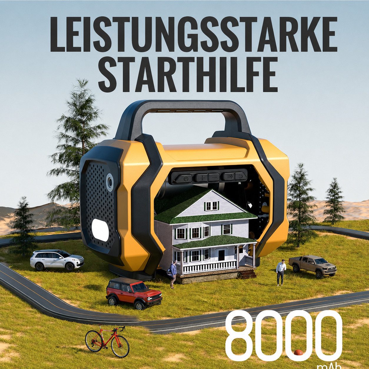 AIBISTAR Auto Starthilfe Powerbank mit 150PSI,6-in-1 Autobatterie-Ladegerät Autobatterie-Ladegerät (14-tlg., intelligentes LED-Display,SOS-Modus, 8000mAh,Powerbank-Funktion,Blasfunktion,Vakuumfunktion,Notstromquelle)
