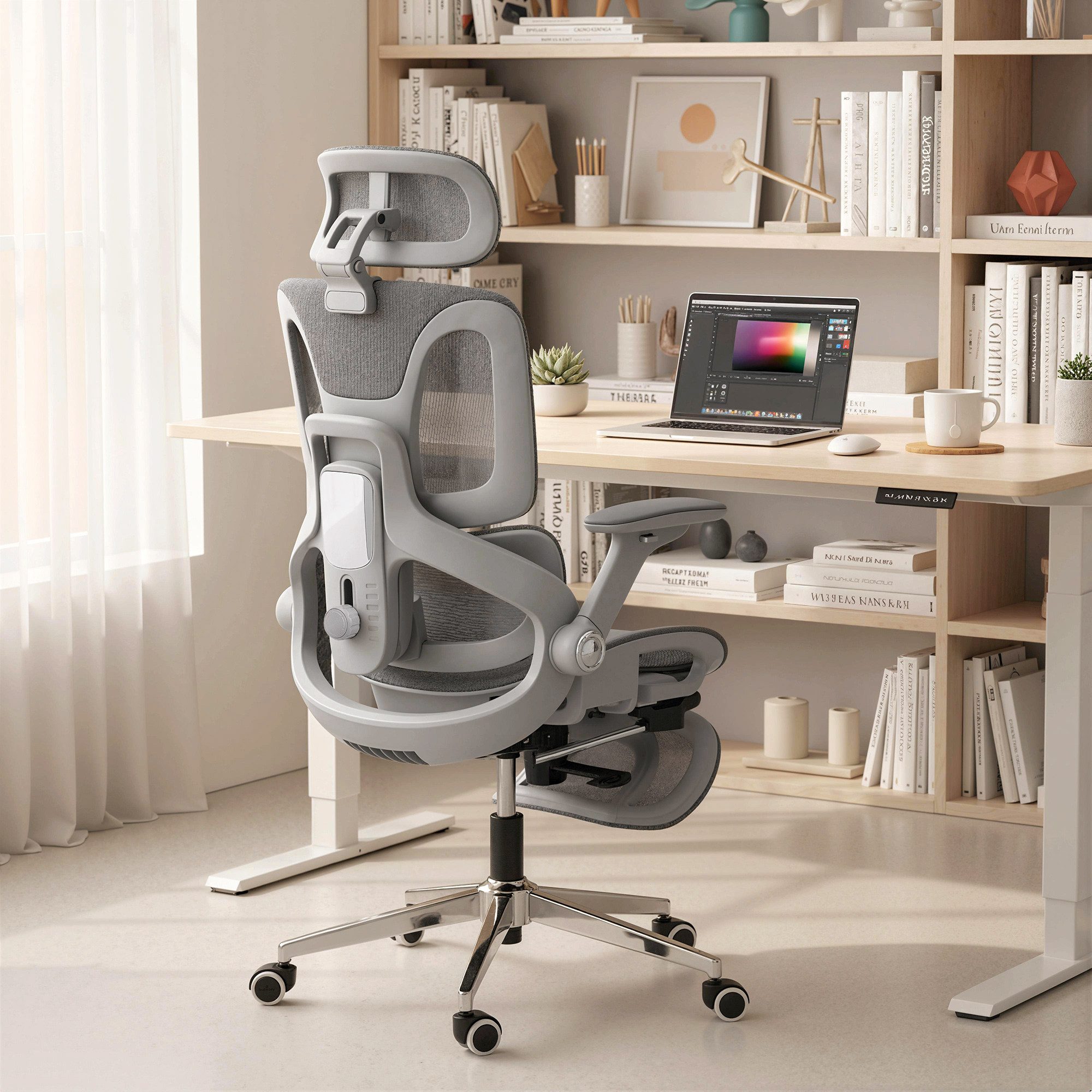 HOMCOM Bürostuhl Hoher Mesh-Rücken mit Kopfstütze (Set, 1 St), 4D-Armlehnen, Fußstütze, 135° Neigung