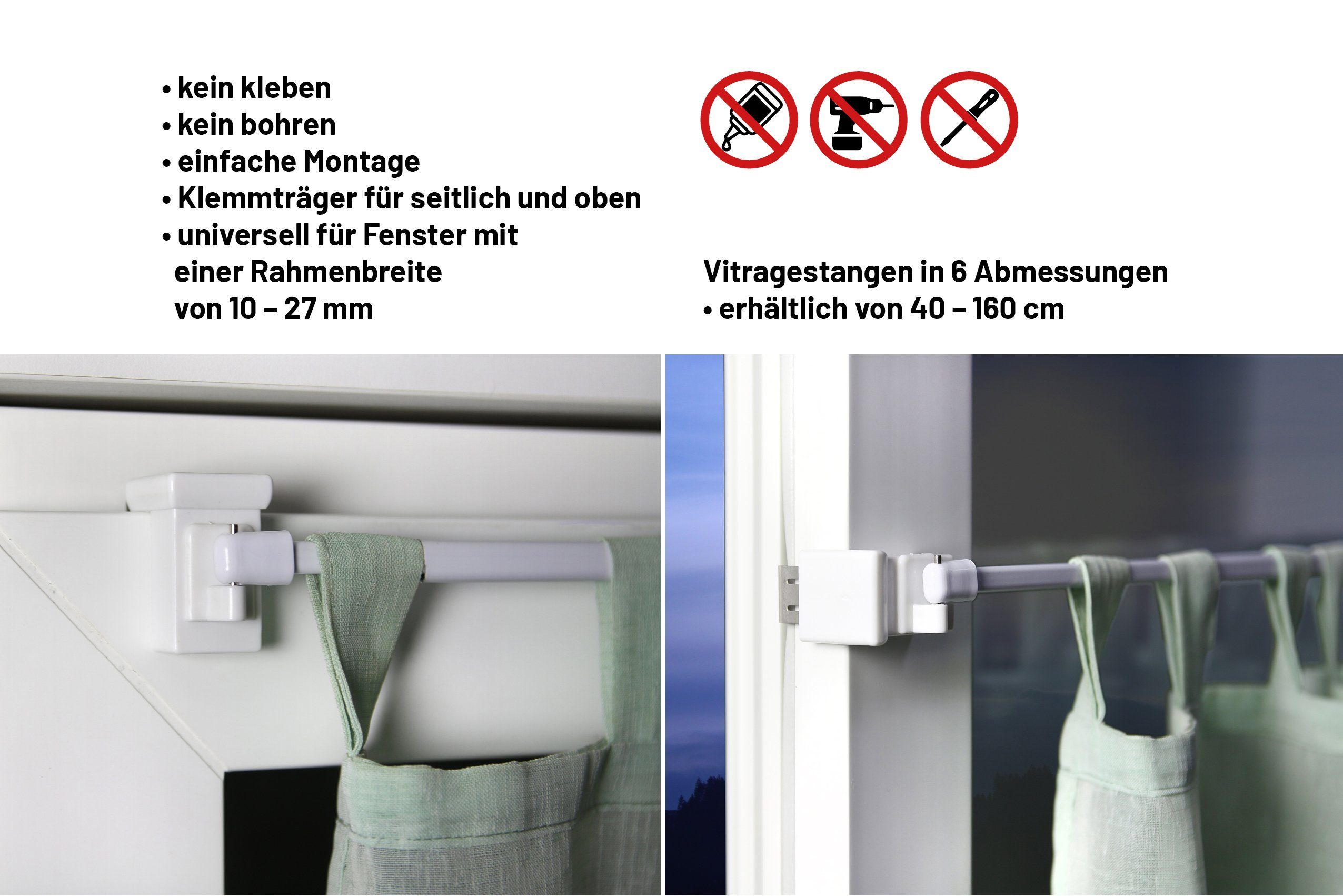 Deco-Raum Vitragenstange mit drehbaren Klemmträgern, Ø 10 mm, 1-läufig, ausziehbar, geklemmt, kein Bohren, Metall-Kunststoff, Komplett-Set