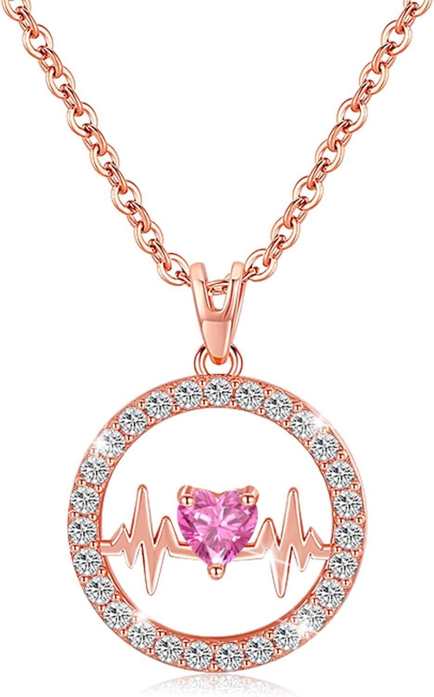 Kette und Anhänger Set Herzschlag-Halskette Damen Sterling Silber Geburtsstein Anhänger