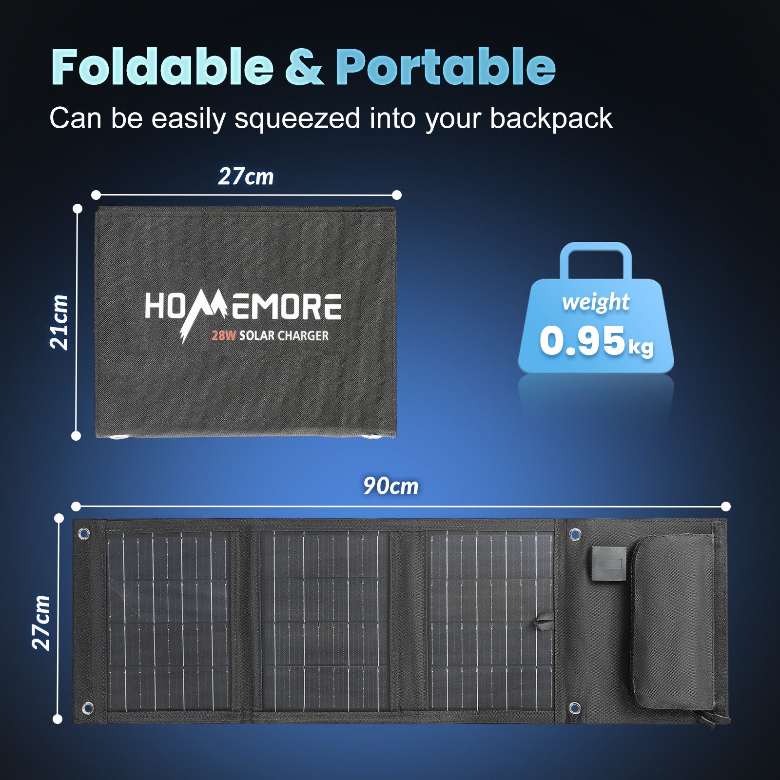 HOMEMORE Tragbares 28W Solarpanel Faltbar Solarmodul Solartasche Solarladegerät (mit QC3.0-USB-A/Typ-C Anschluss, für Handy Tablet Powerbank Kamera usw)