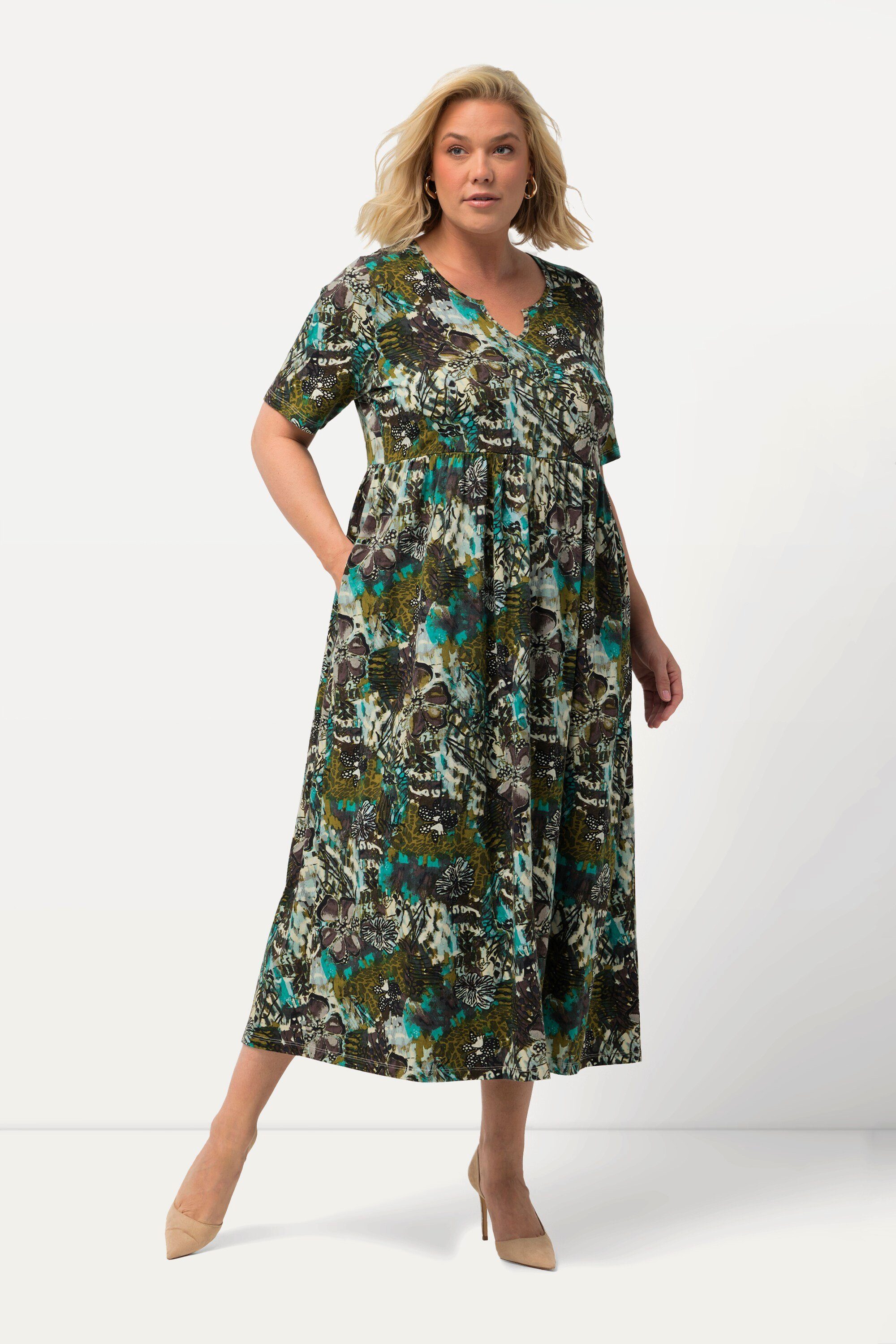 Maxikleid Jerseykleid Blüten A-Linie Tunika-Ausschnitt