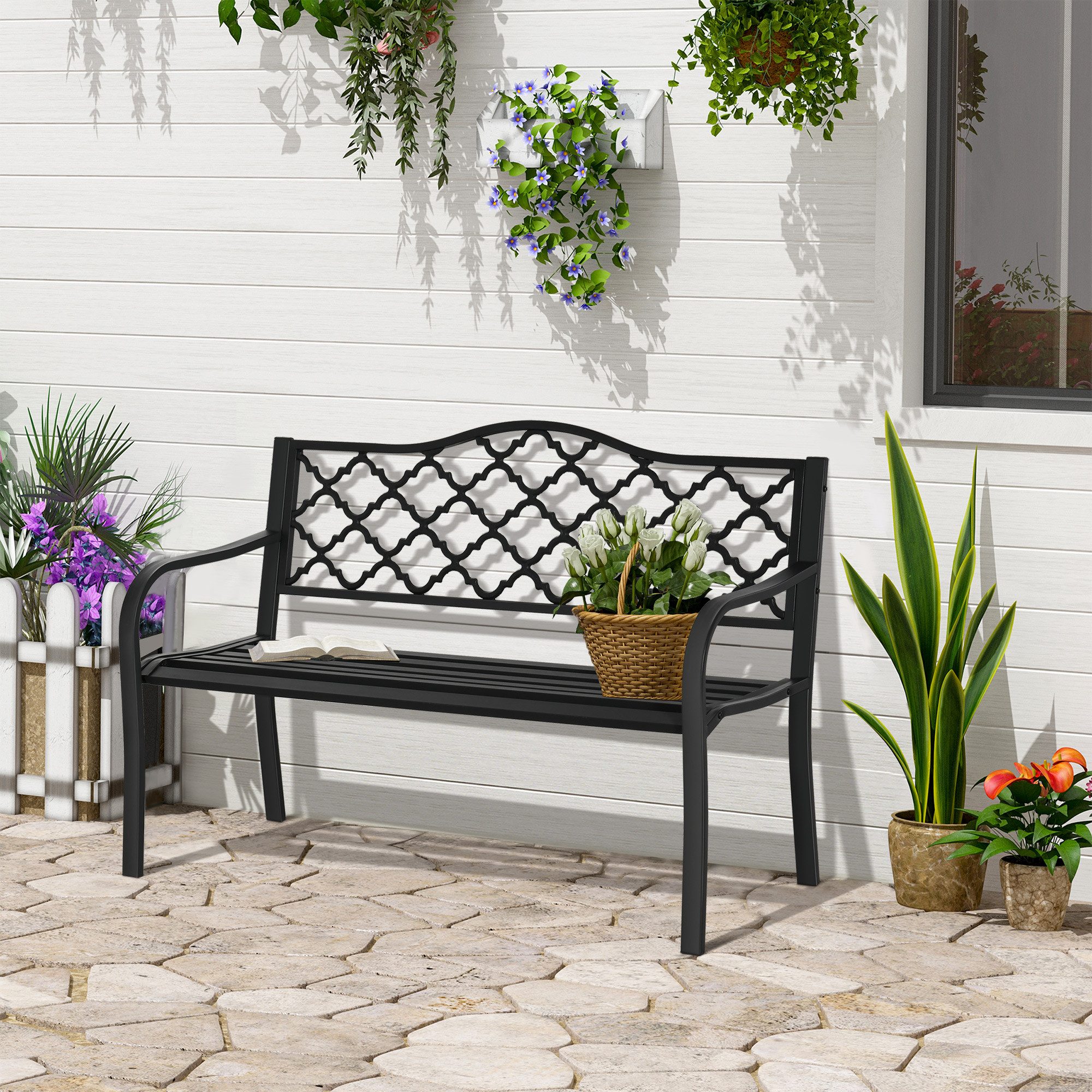 Outsunny Gartenbank Sitzbank Bank Terrassenbank mit Rücken- & Armlehnen (Parkbank, 1-St., Gartenmöbel), bis 240 kg Gusseisen Schwarz 128 x 58,5 x 89 cm