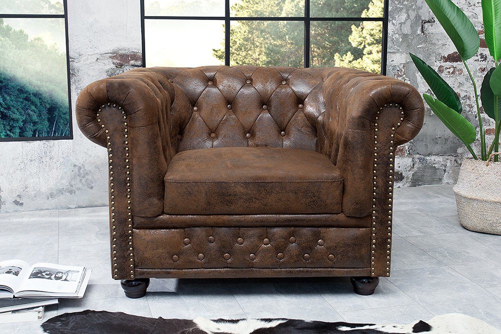 riess-ambiente Sessel CHESTERFIELD 110cm antik braun (Einzelartikel, 1-St), Wohnzimmer · Microfaser · mit Armlehne · Federkern