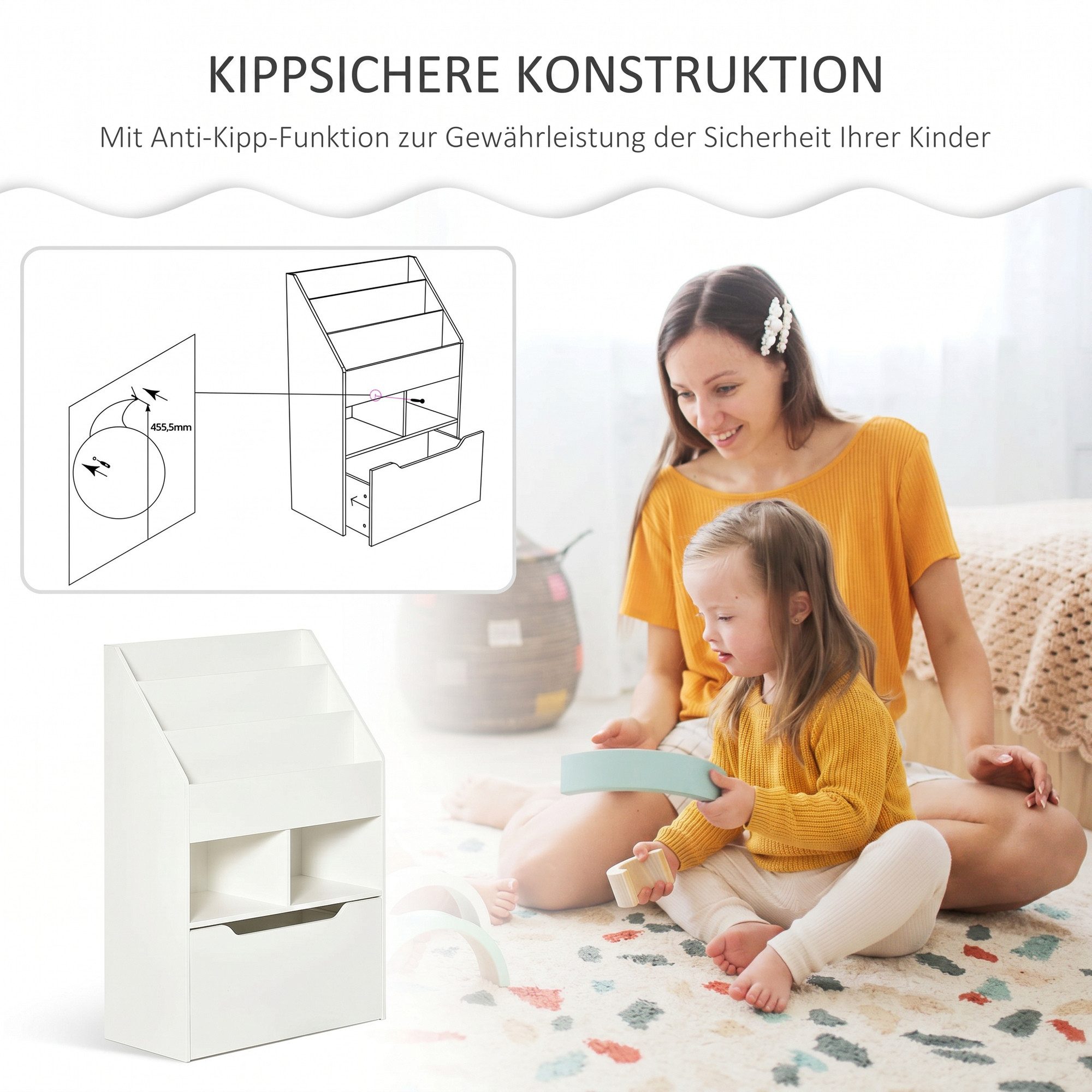 HOMCOM Kinderregal Kinder Bücherregal mit Schublade, 3 Ablagefächern, Aufbewahrungsregal 1-tlg., für Kinderzimmer, Spielzimmer, Weiß, 60 x 29,9 x 90 cm – Bild 4 von 5