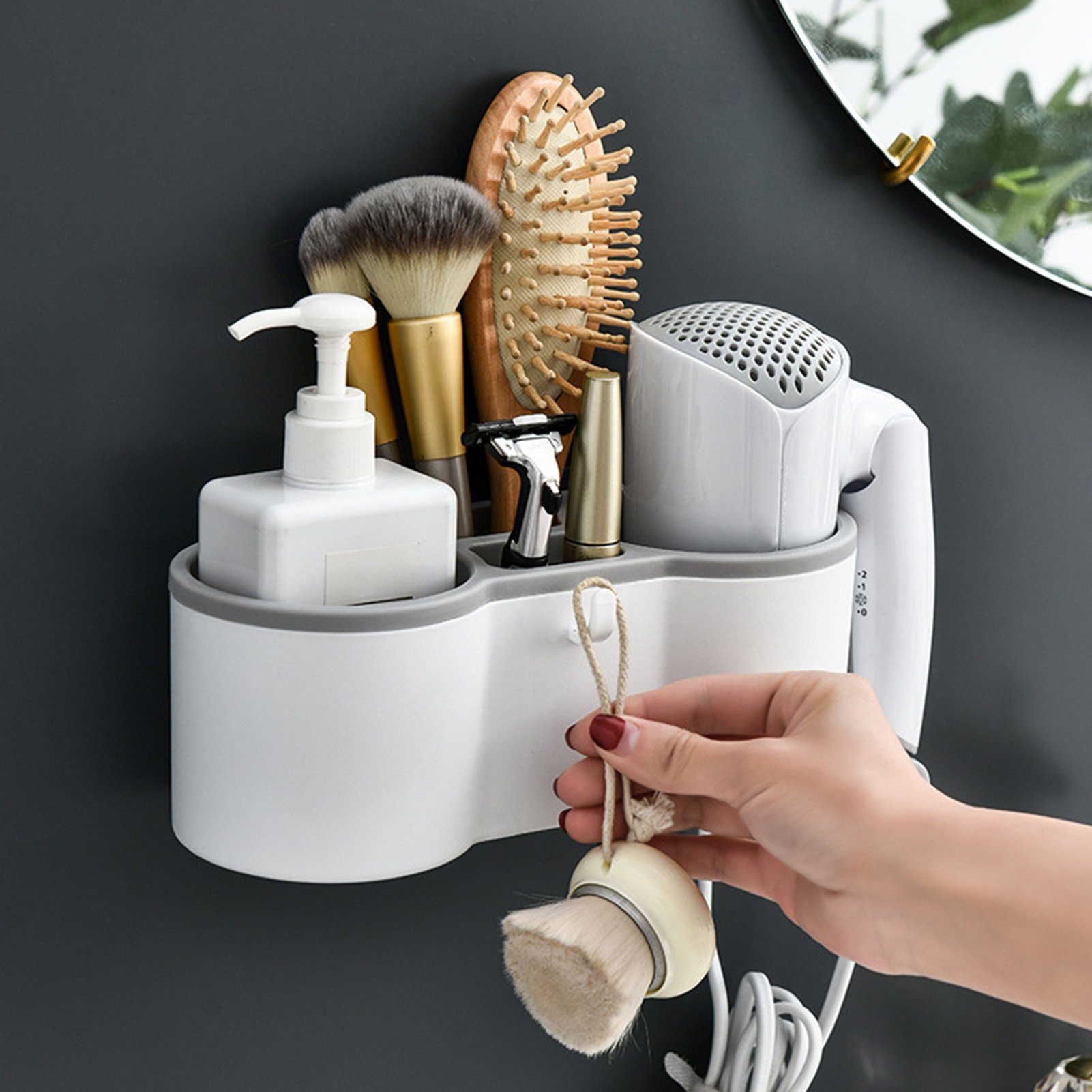 Rutaqian Haartrocknerhalter Föhnhalterung fürs Badezimmer Ohne Bohren Haartrocknerhalter, (Multifunktional Badorganizer Werkzeuge Halter) grau