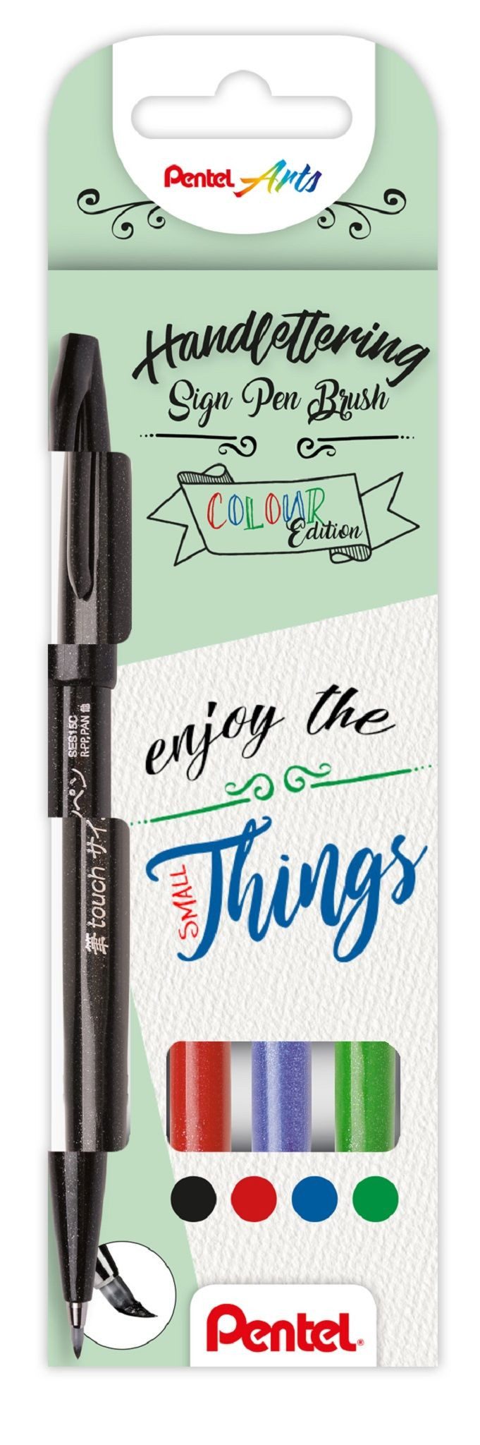 PENTEL Kalligraphie-Stift SES15-4 PentelArts Faserschreiber Brush Sign Pen, 4er Etui, Basic