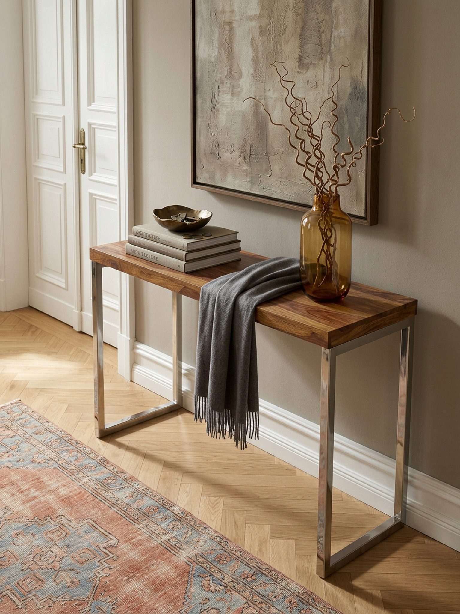 KADIMA DESIGN Konsolentisch Konsolentisch GUNA Massivholz Konsole mit Metallbeinen Flur Diele (Echt-holz Natur Anrichte PC-Tisch Sekretär Tisch Flur), Schreibtisch 120x45 cm Landhaus-Stil Sideboard Modern Massiv