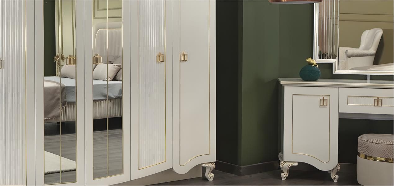 JVmoebel Schlafzimmer-Set Schlafzimmer Garnitur 5tlg. Doppelbett Nachttische Schränke Weiß, (5-tlg., Bett, 2xNachttische, Kleiderschrank, Schminktisch), Made in Europe