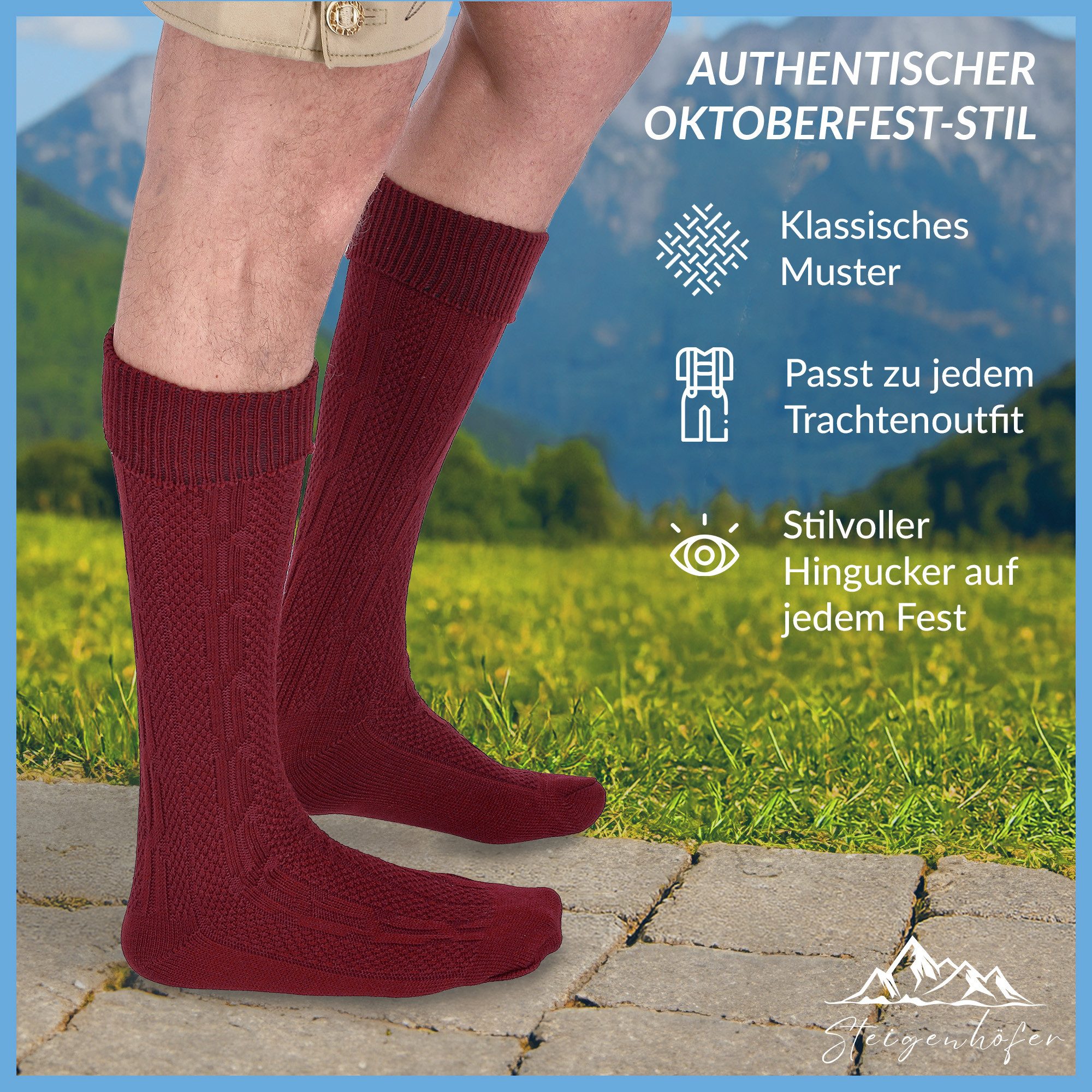 Steigenhöfer Manufaktur Trachtensocken für Herren und Damen – Socken mit Zopfmuster und Edelweißanstecker Oktoberfest Strümpfe aus Baumwolle für Männer & Frauen