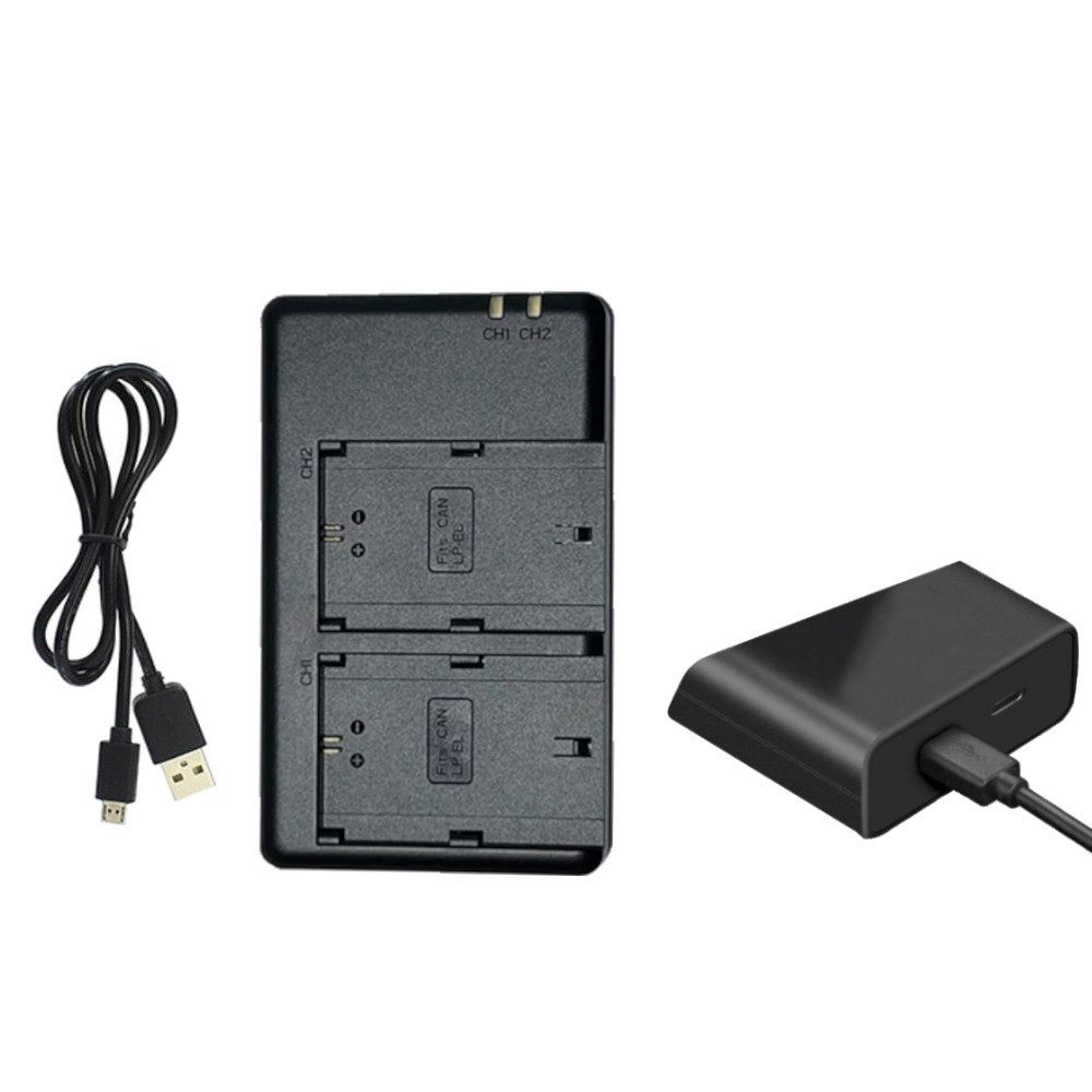 Trade-Shop Dual Lader passend für Canon LC-E6 LC-E6E LP-EL DS401231 EL-1 EL-5 Kamera-Ladegerät (mit Micro-USB und USB-C Anschluss)