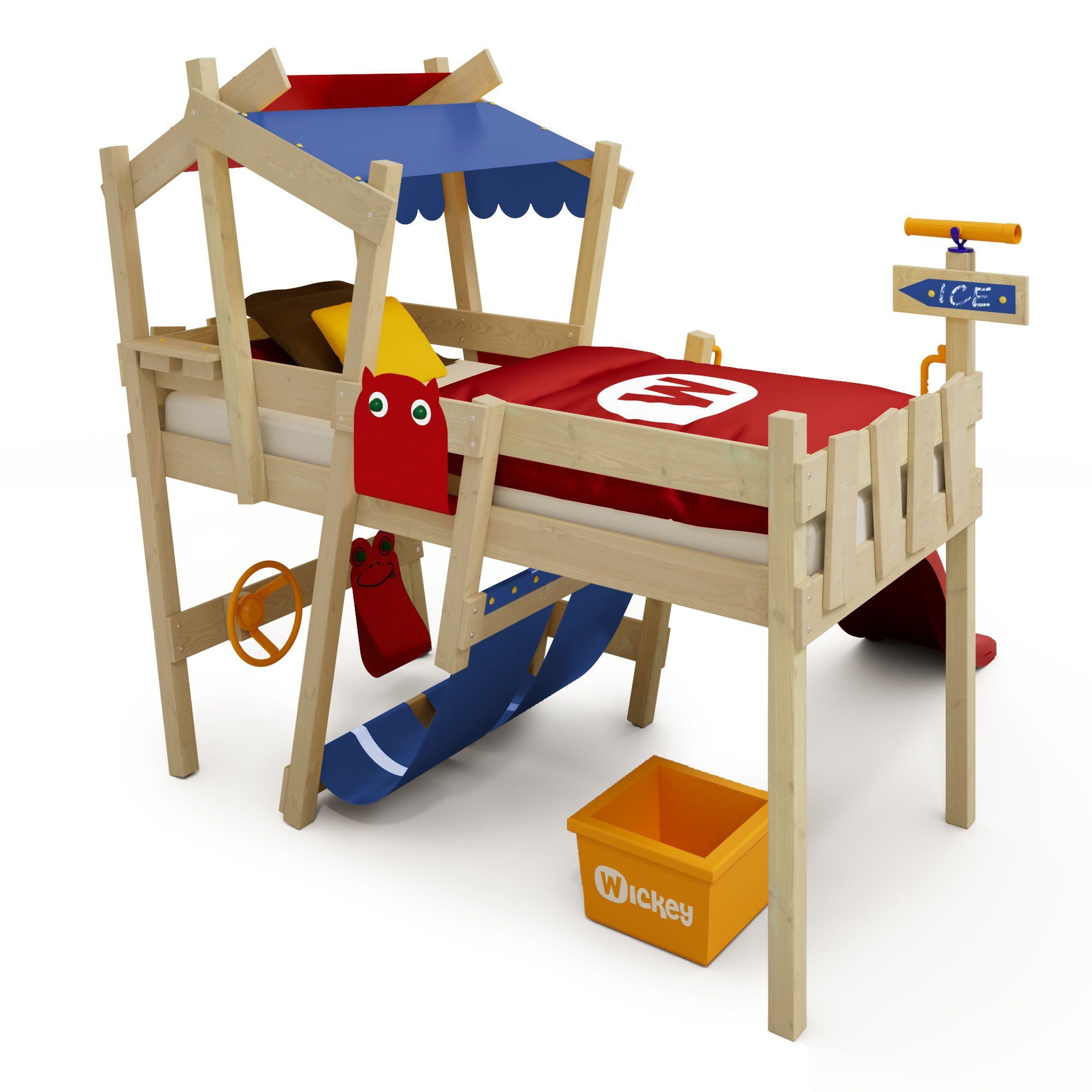 Wickey Kinderbett Crazy Hutty - Spielbett mit Rutsche 90 x 200 cm, Etagenbett (Holzpaket aus Pfosten und Brettern, Spielbett für Kinder), Massivholzbett