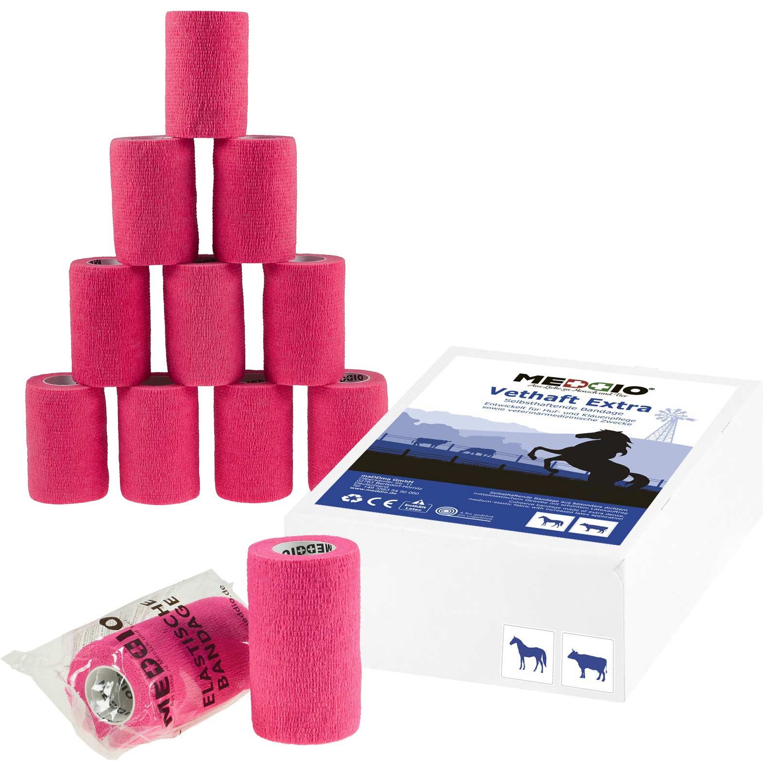 meDDio Bandage 12 x Vethaft Extra selbsthaftende Bandage f. Huf- und Klauenpfleger, neonpink