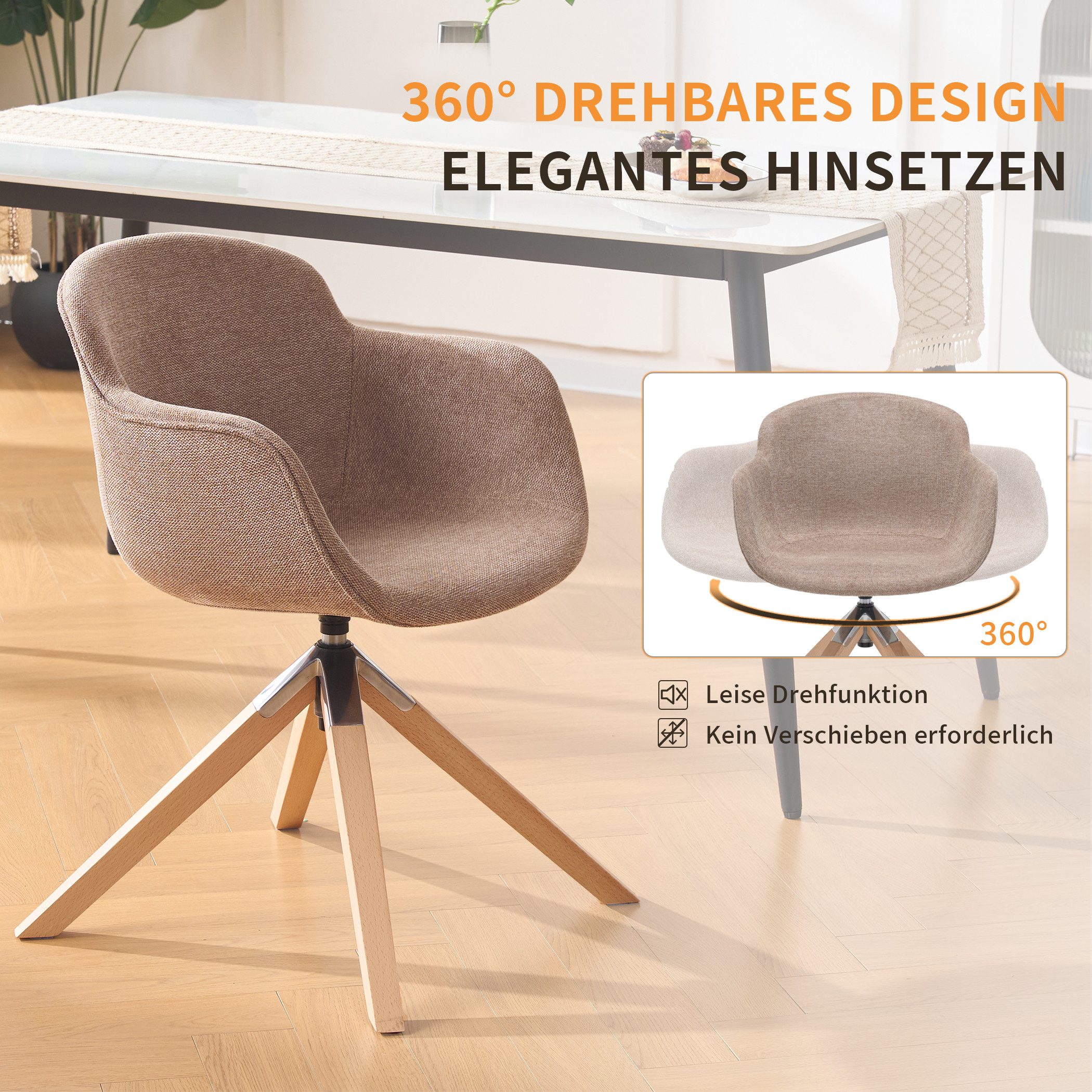 SeedWave Esszimmerstuhl drehbar 2er Set Polsterstuhl mit Integrierten Armlehnen, Holzbeine, Stoffbezug Küchenstuhl-Set mit rutschfesten Fußpads, bis 150kg