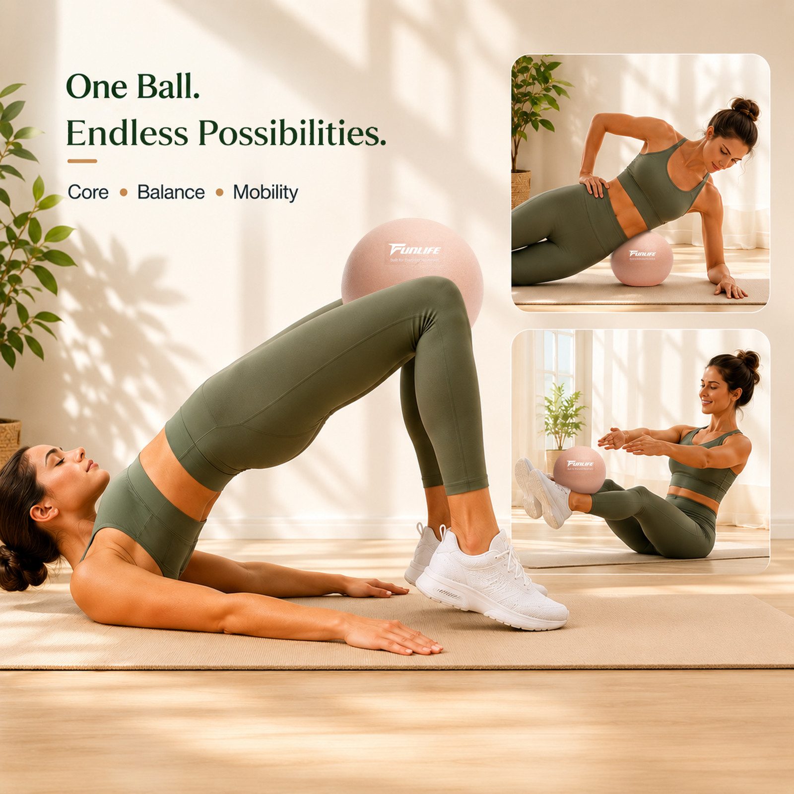 FunLife Pilatesball CORE 25 (Pilatesball-Set, 1 Pilates Ball, Ø 25 cm, 1 Handpumpe, Verschlussstopfen und Zubehör), Griffige Oberfläche, Luftdruck individuell anpassbar