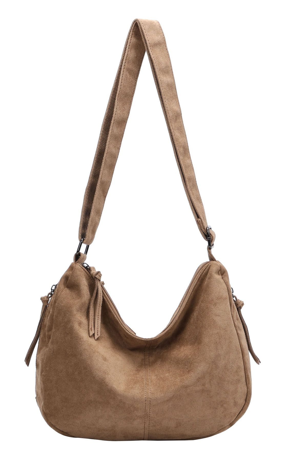 ITALYSHOP24 Schultertasche Damen Tasche Crossbody Shopper Umhängetasche BodyBag Samt Freizeit Bag, 2xFach Fächer Henkeltasche Wildleder-Optik Hobo Bag Beutel City Bag
